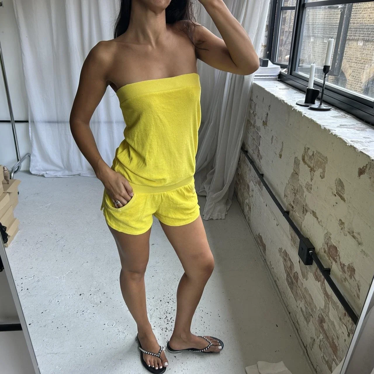 Vintage 00s Bright Yellow Towel Material Bandeau Jumpsuit