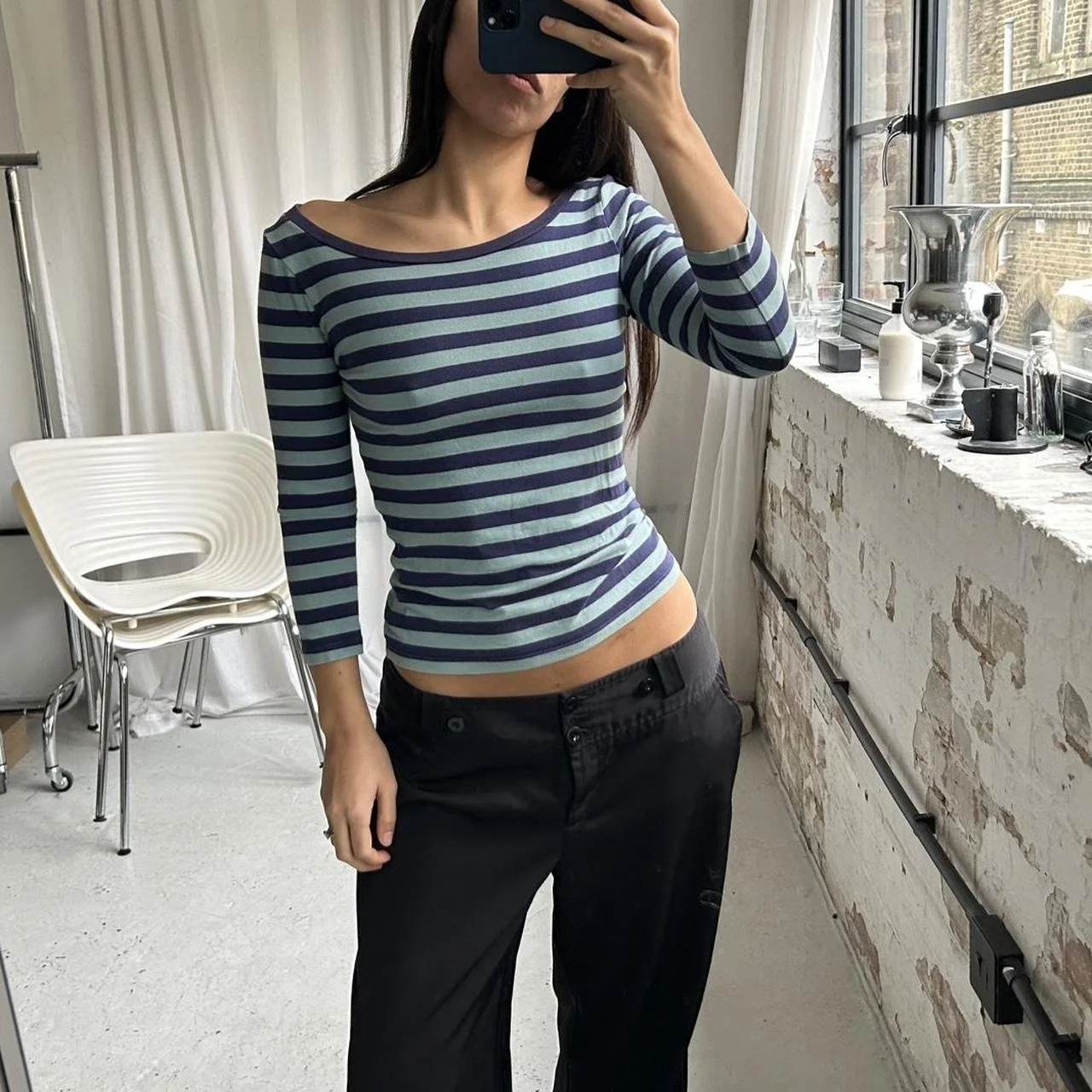 Vintage Striped Fitted 3/4 sleeves Top