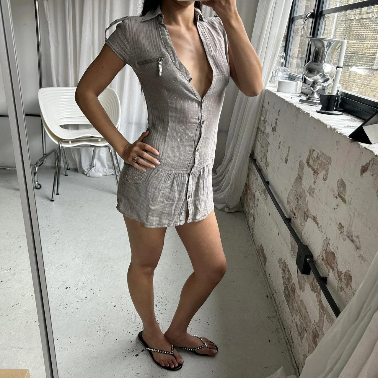 Vintage 00s Summer Pinstriped Button Up Mini Dress