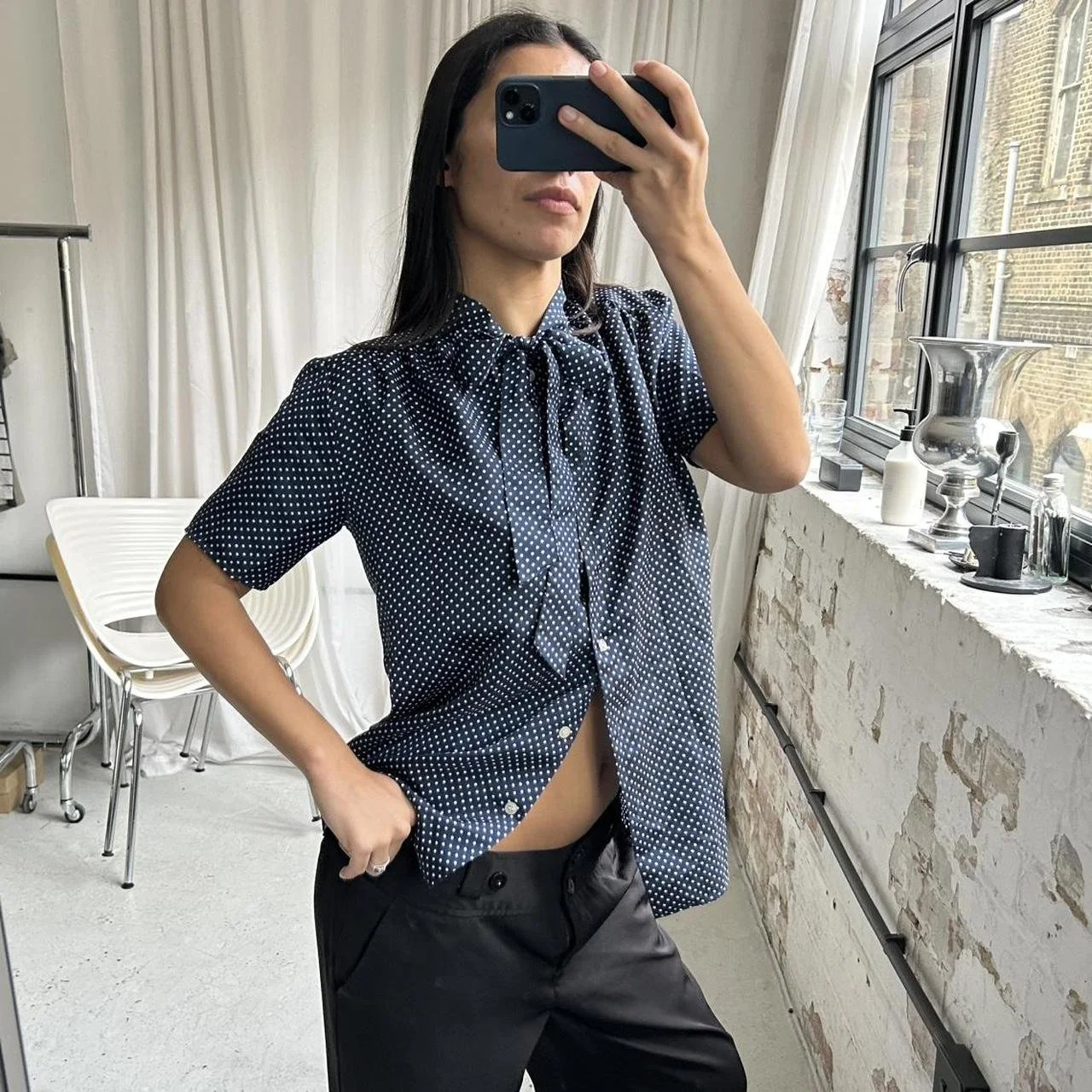 Vintage 90s blue and white polka dot shirt with ties