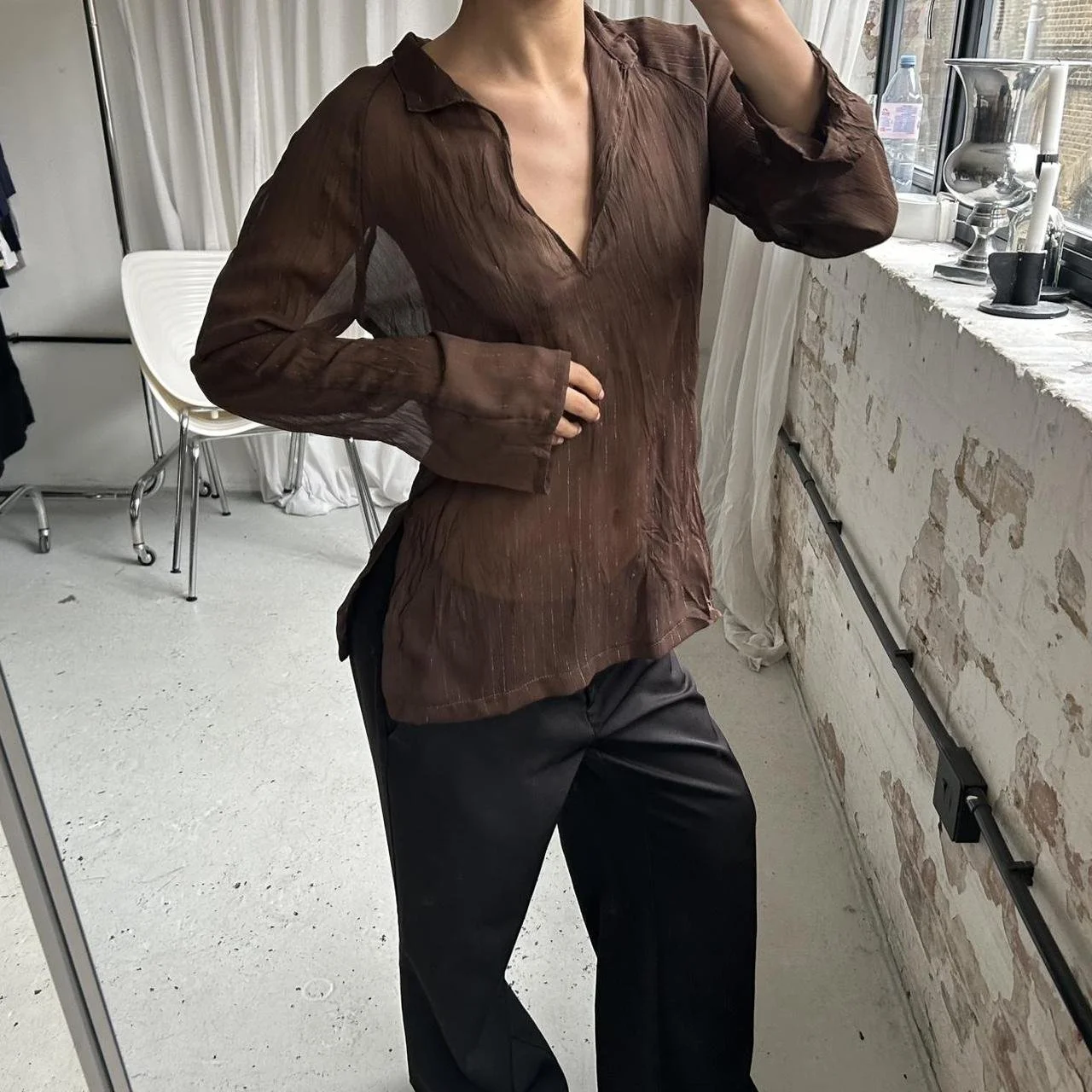 Vintage 90s Sheer Brown Long Sleeve Top