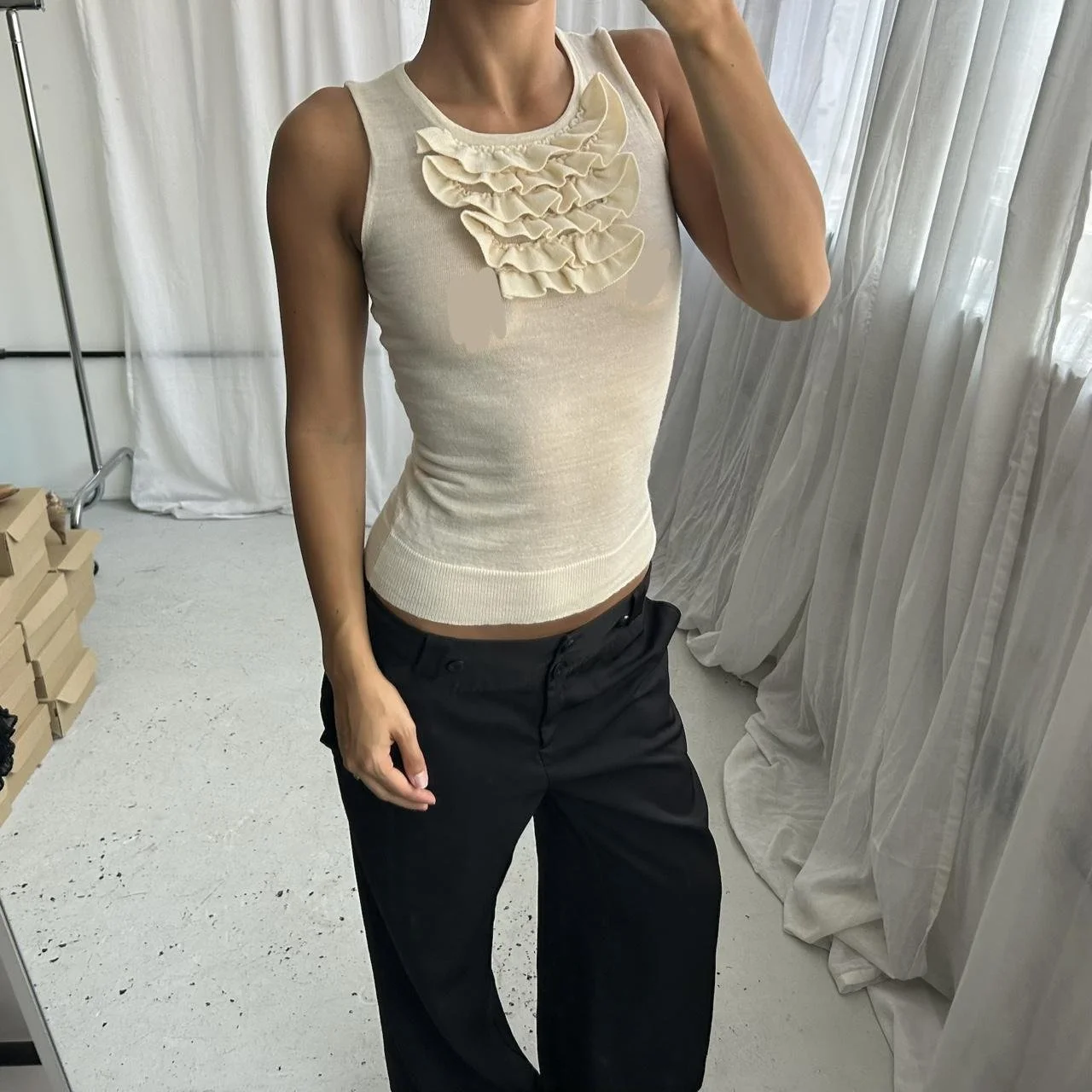 Vintage 00s Cream Knitted Ruffle Vest Top