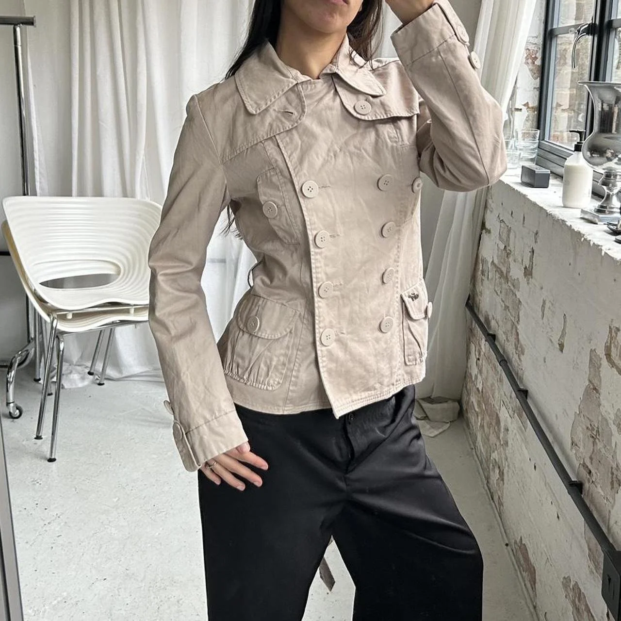 Vintage Beige Double Breasted Jacket Pea Style