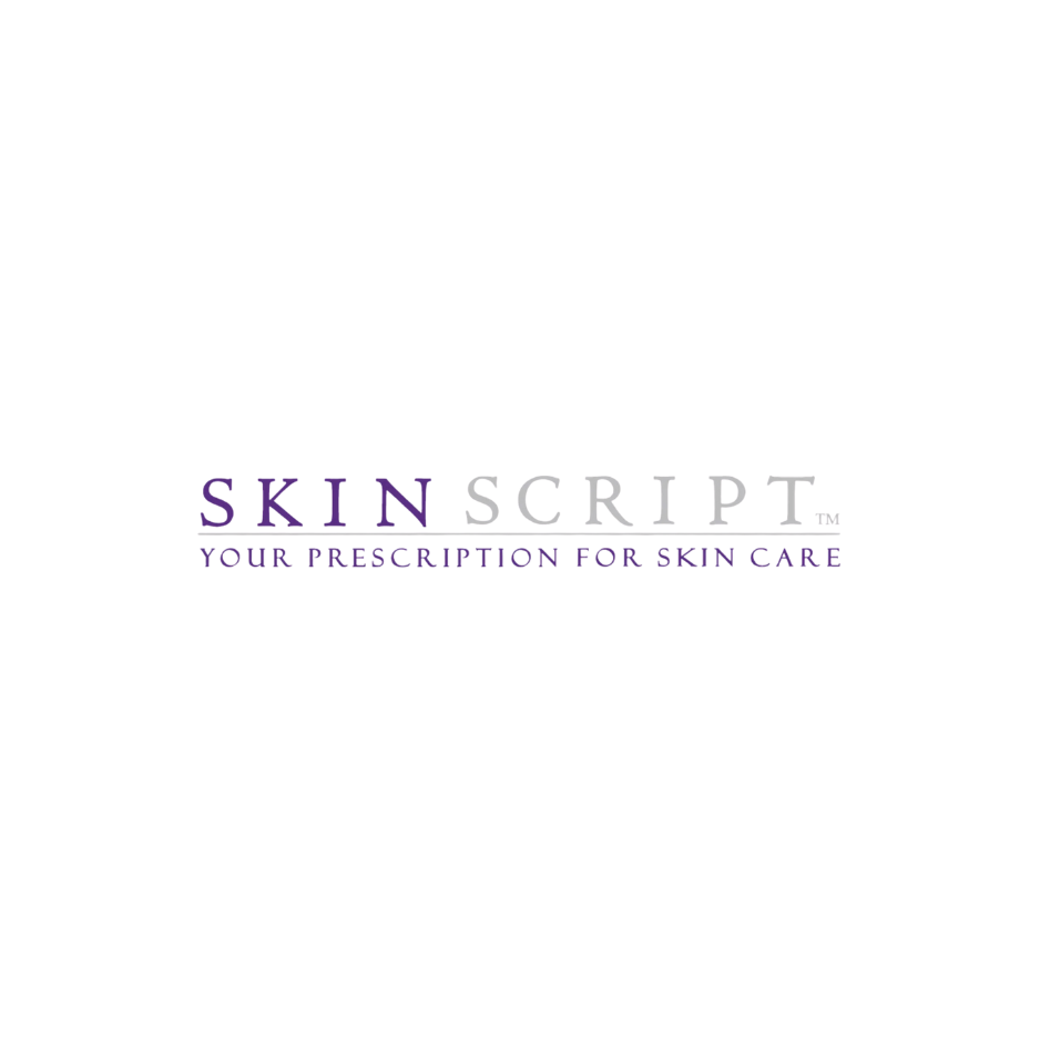 The logo for SkinScript, a skincare brand, features the brand name in silver and purple text with the tagline "Your Prescription for Skin Care" below it in purple.