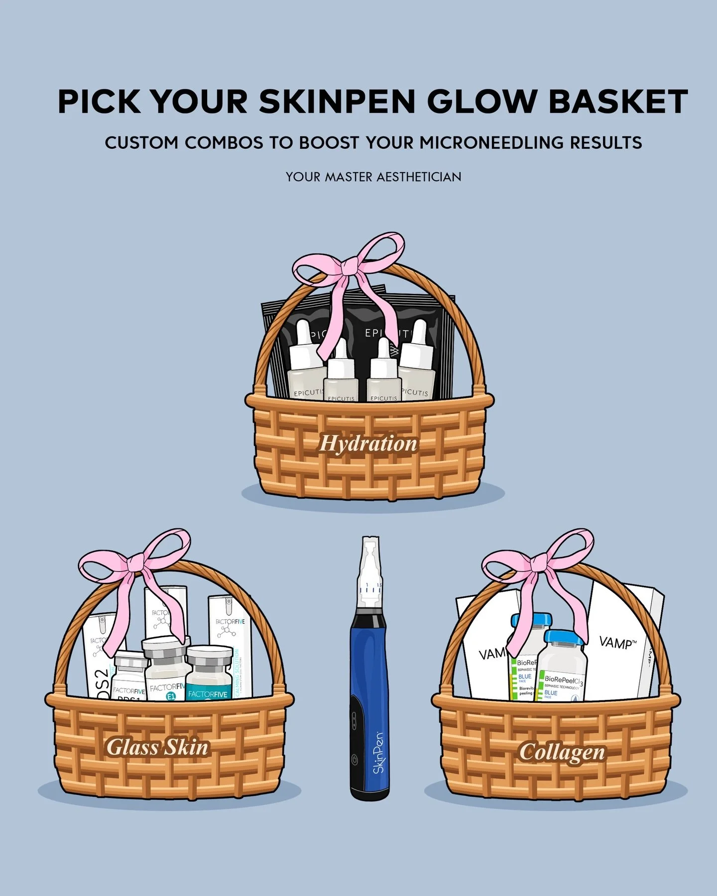 Microneedling results don&rsquo;t stop at the treatment. They&rsquo;re built with the right skin prep + post-care.
Pick your SkinPen Glow Basket to hydrate, strengthen collagen, or achieve glass skin.