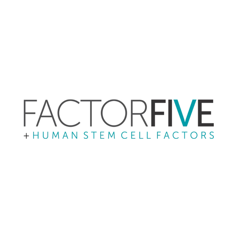 Logo for Factor Five, with the tagline '+ Human Stem Cell Factors' in blue text.