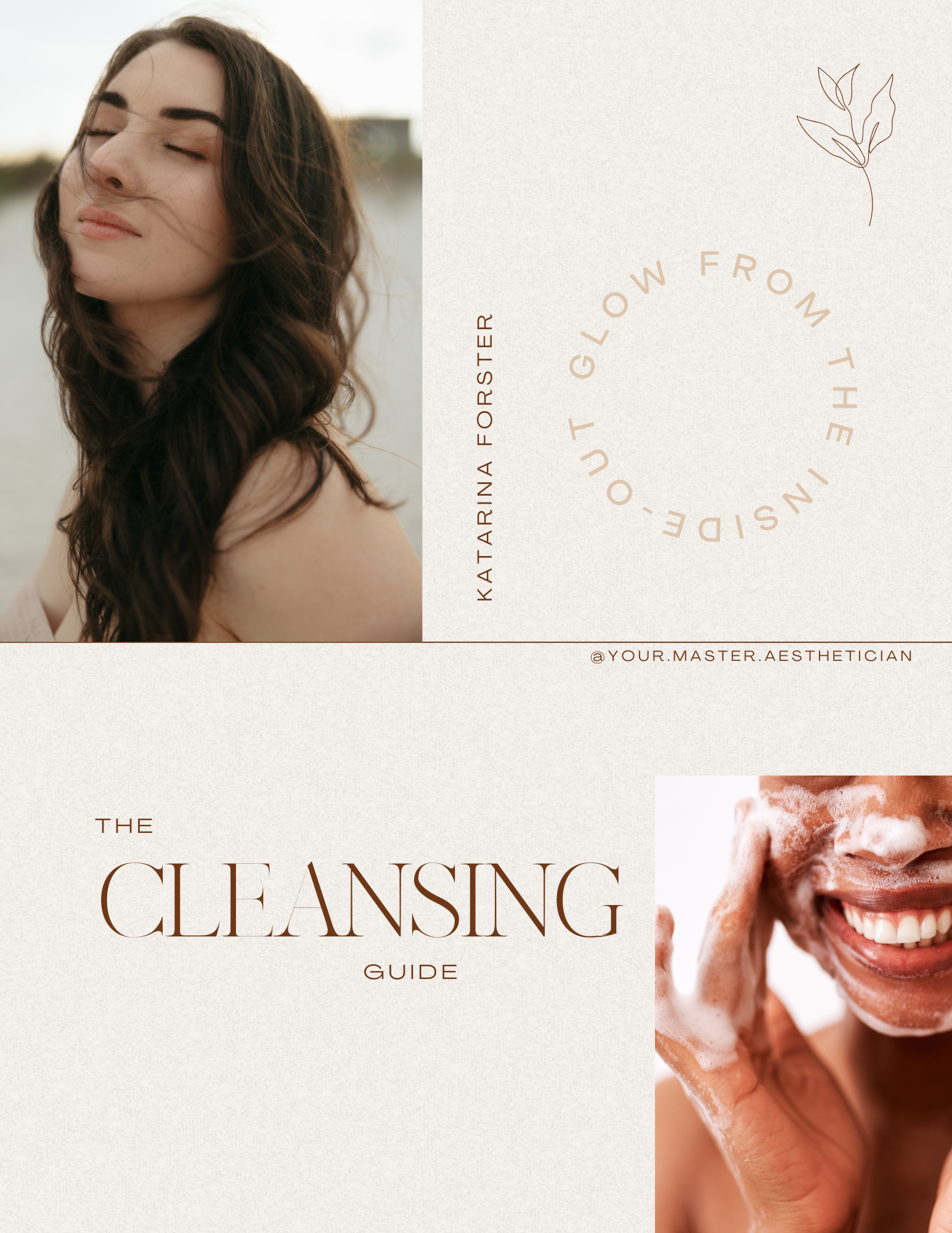 Cover mosaic with a woman smiling with eyes closed on the left, a minimalist leaf illustration, and a close-up of a person washing face with foam on the right, with text about cleansing.