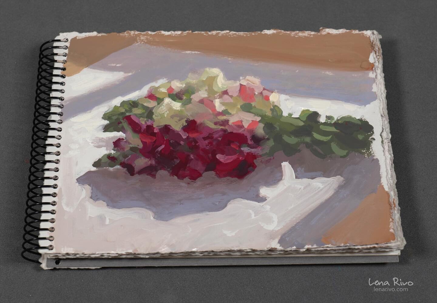Another bunch of snapdragons in sunlight (painted from life in my studio). Gouache on paper. 5x7 in.
***
I make these sketchbooks myself. I have described the process in my Painting Process article no.10 in the blog on my website. You can find the li