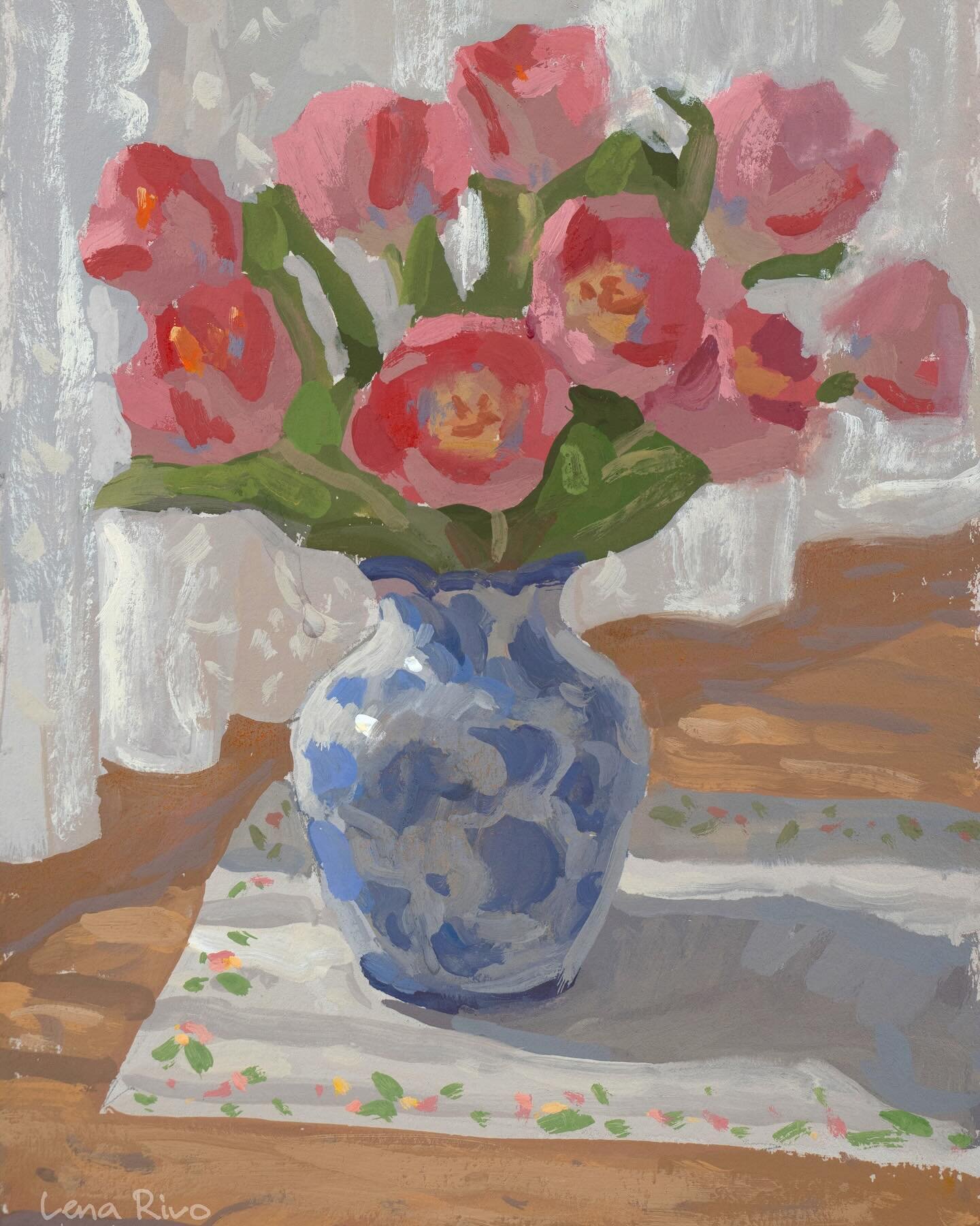 These is the gouache painting from yesterday&rsquo;s video. With this one, I painted the flowers first, then the vase, then everything else. My most important decision was to reserve the lightest value for the highlights on the vase. This means that 