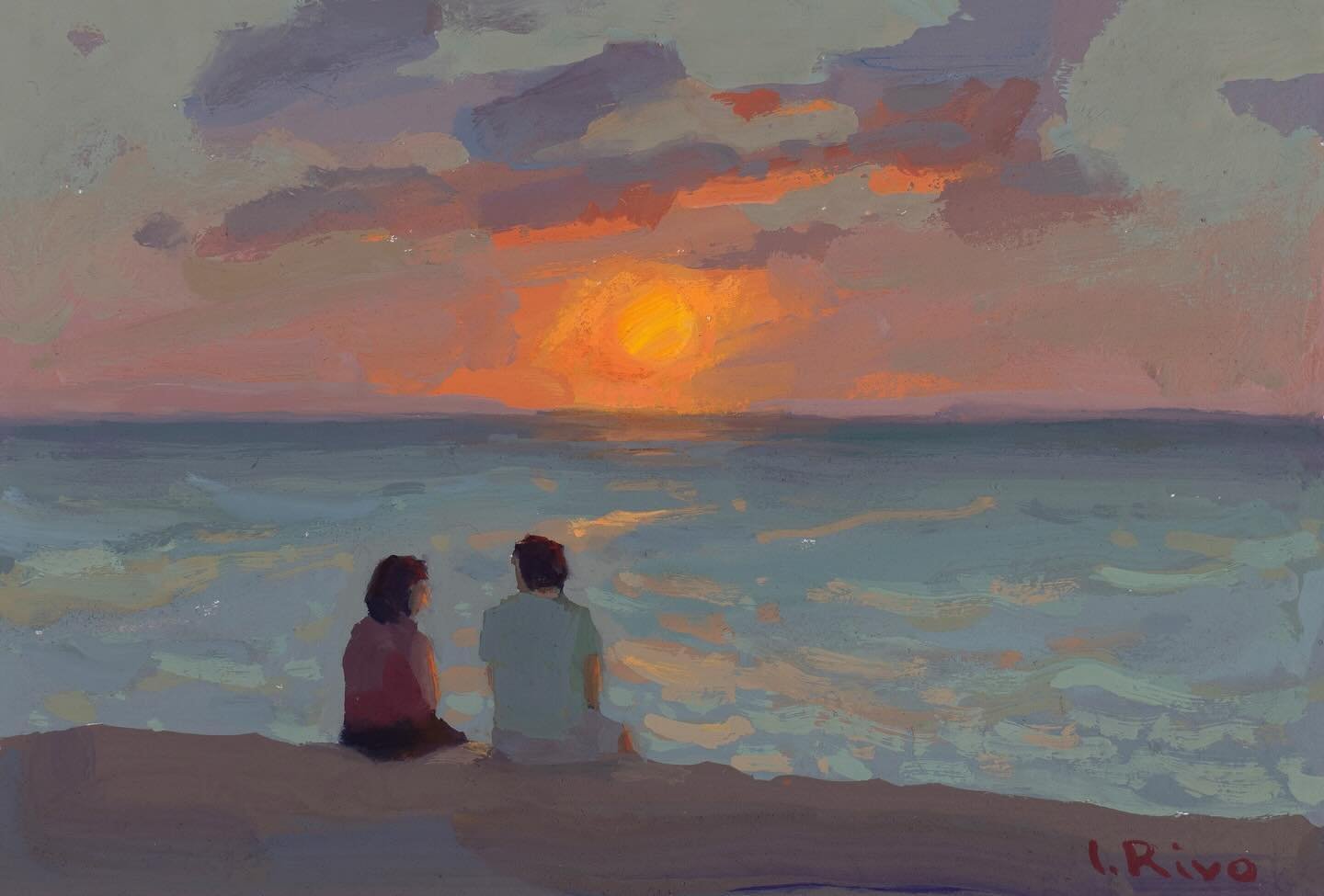 Sunset in Hawaii. This was a commission I really enjoyed working on. Gouache on paper. 5x7 in.
***
If you have questions about my color palette or other materials that I use in painting with gouache, please download my free 30-page pdf guide at the l