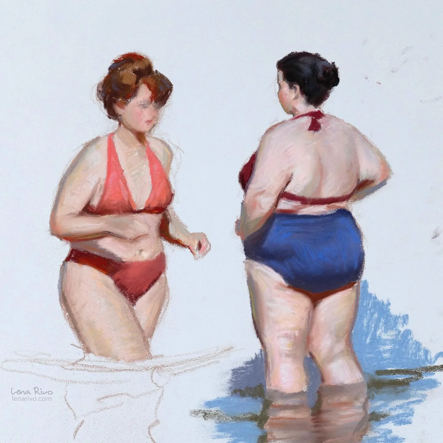 I saw these girls on our walk to the beach and asked my friend to take a photo of them on her phone. I loved the contrast between the colors of their bikinis, their hair, their light pinkish skin, and the blue water. Altogether, it made the scene so 