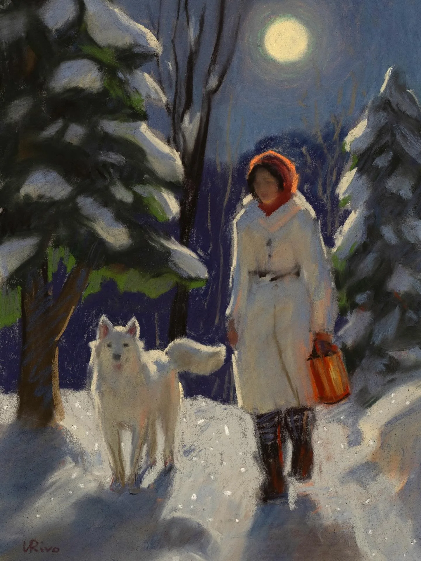 &ldquo;Moonlight Walk&rdquo; &ndash; Soft pastel on Pastelmat, 9x12 inches. In this piece, I wanted the moon to be the brightest element, so I used a light yellow for it, while choosing slightly darker tones for the other light areas to emphasize tha