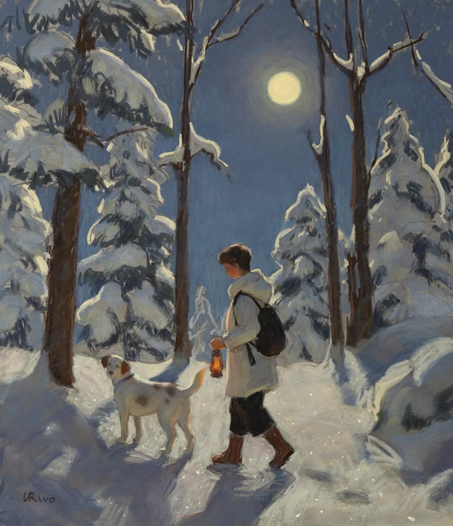 &ldquo;Moonlit Winter Walk&rdquo;, 17x22 inches. Soft pastel on Canson Mi-Teites Velvet light gray paper. In this pastel, I used almost the same color palette as in the study I posted last week, but I wanted to make the full moon night appear brighte