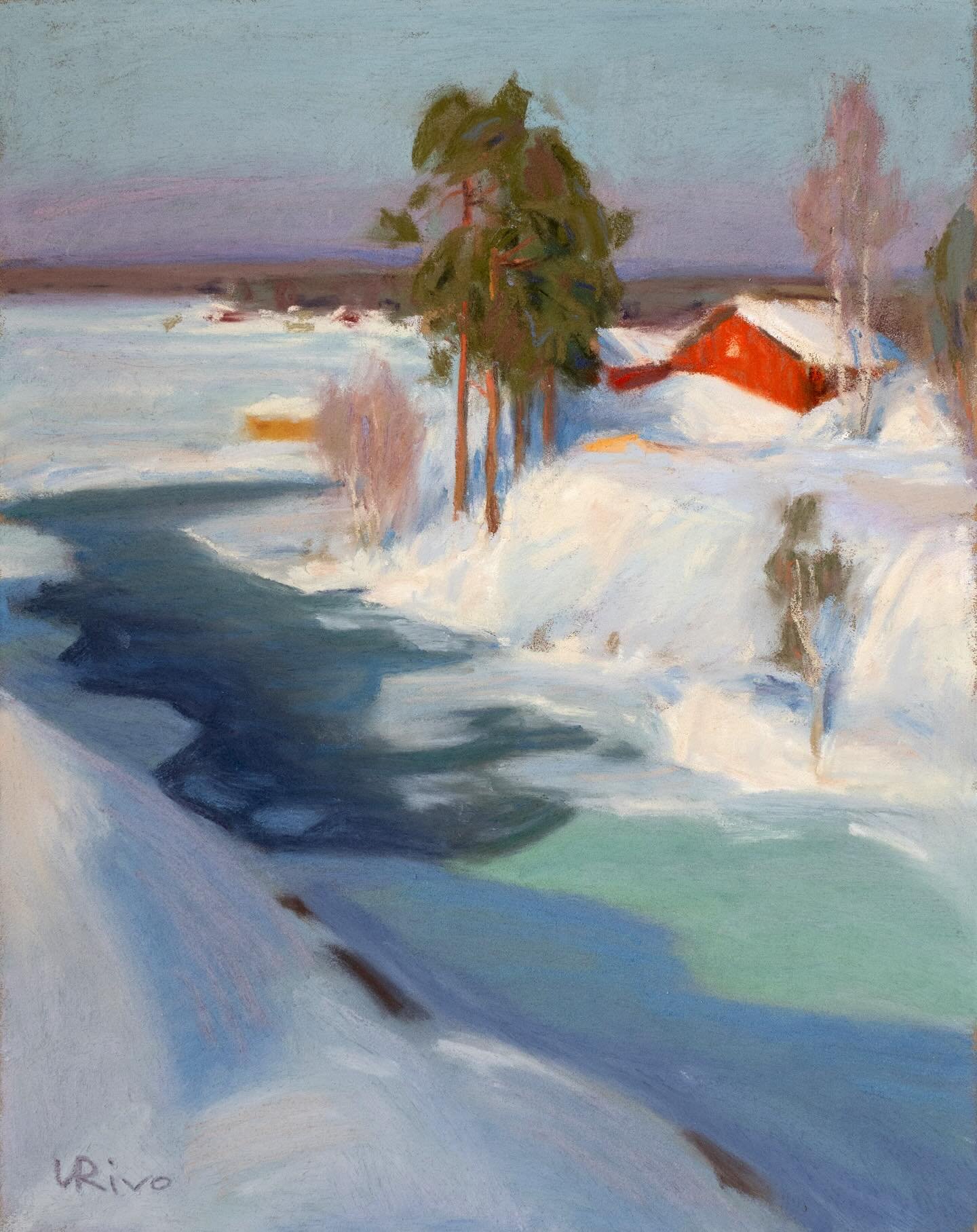 &ldquo;The Contrasts of Winter&rdquo; (Winter 25&ndash;26 No. 4). Soft pastel on Canson Mi-Teintes Velvet paper, 7x9 inches. This is a study for a larger piece that I plan to paint in oil. I believe the snow will benefit from the texture that oil bru