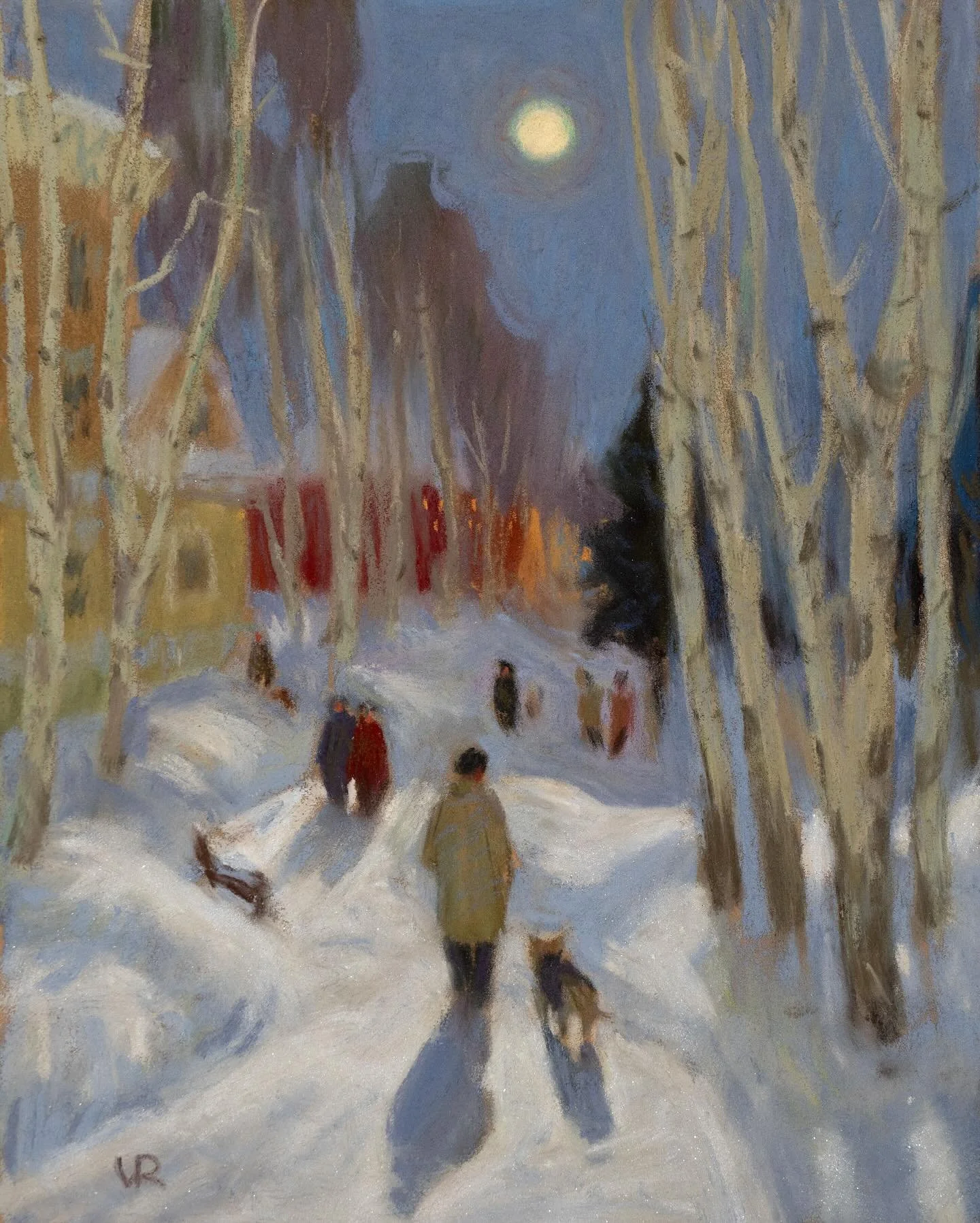 &ldquo;Along the Snowy Alley&rdquo; (Winter 25&ndash;26 No. 5), soft pastel on Canson Mi-Teintes Velvet paper, 7x9 inches. In this piece, I also used the silver iridescent pastel I mentioned in the previous post to add a touch of sparkle to the snow 