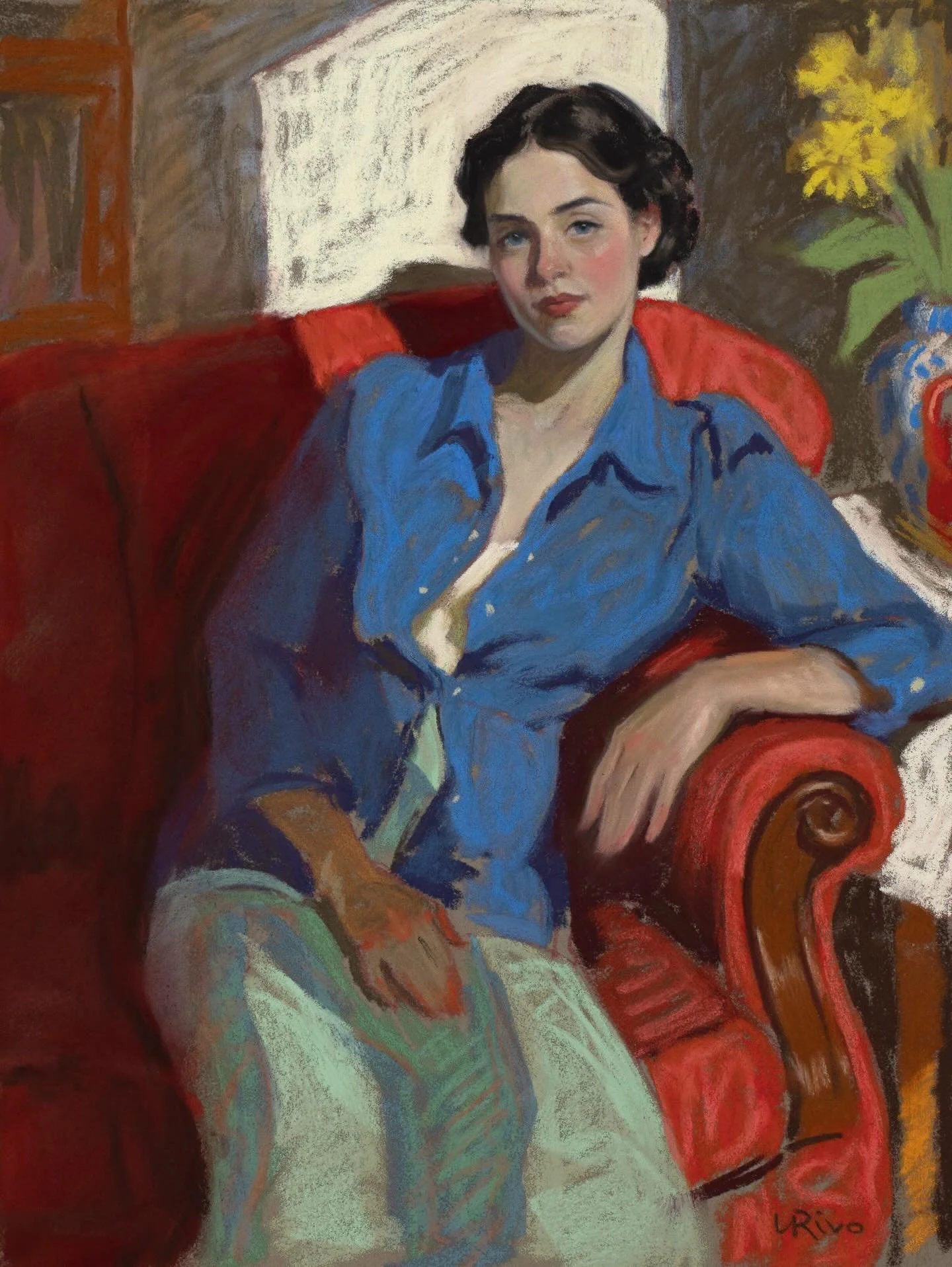 &ldquo;Woman on a red sofa&rdquo;, 10x12 in., soft pastel and pastel pencils on Canson Mi-Teintes Velvet paper.

&mdash;&mdash;&mdash;&mdash;-
I work with soft pastels from a range of brands. Girault, Unison, and Henri Roche are my favorites. I also 