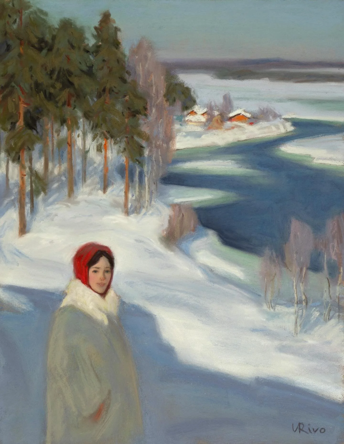 &ldquo;Above the Frozen River&rdquo; (Winter 25&ndash;26 No. 7), soft pastel on Canson Mi-Teintes Velvet paper, 9x12 inches. 

&mdash;&mdash;&mdash;&mdash;-
I work with soft pastels from a range of brands. Girault, Unison, and Henri Roche are my favo