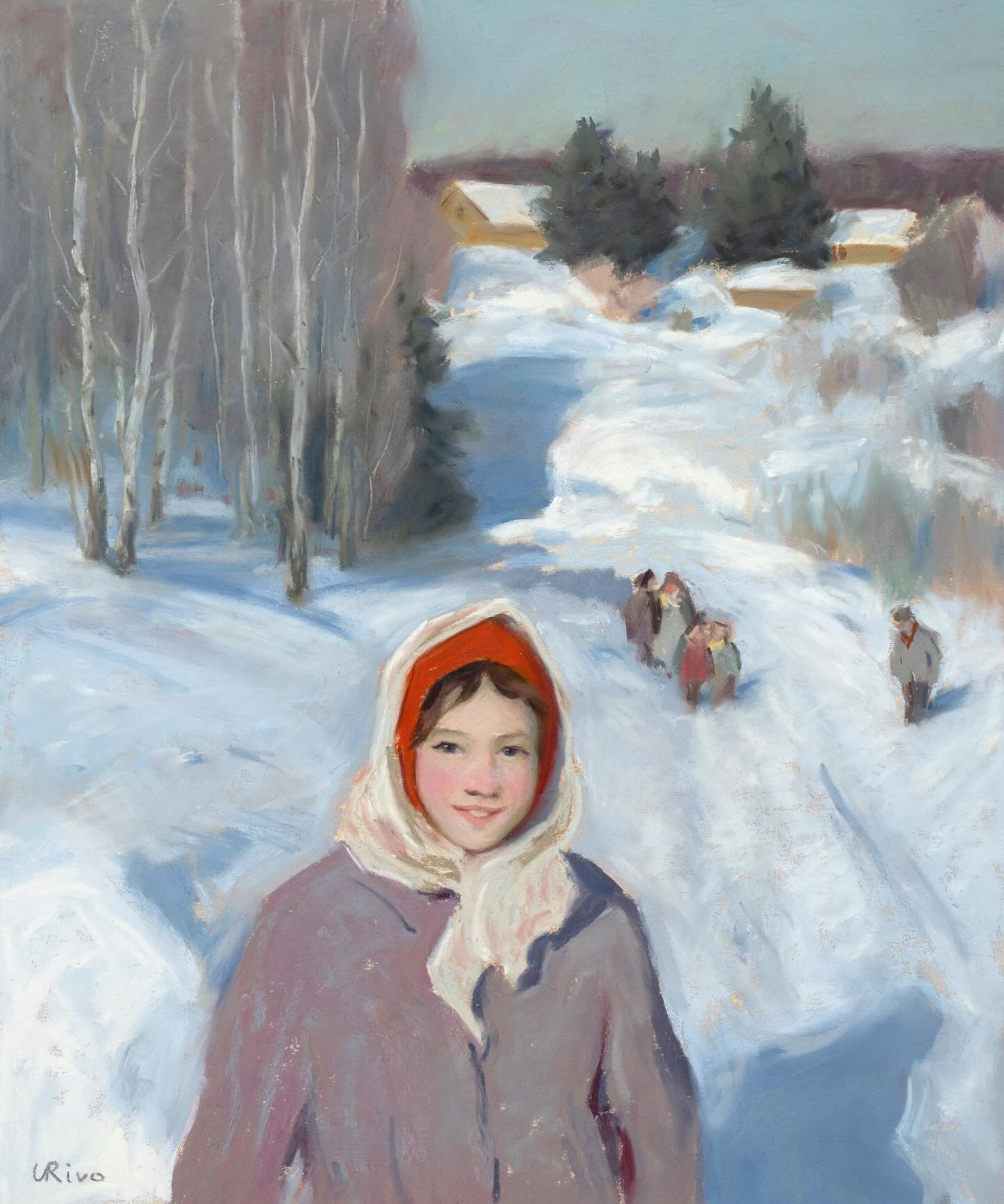 Winter Stroll (Winter Study No. 10), soft pastel and pastel pencils on Uart board (500 grit), 11&times;13 inches. I love painting people and snowy landscapes, so I decided to combine the two to double the enjoyment of the painting process 🥰🤩 

&mda