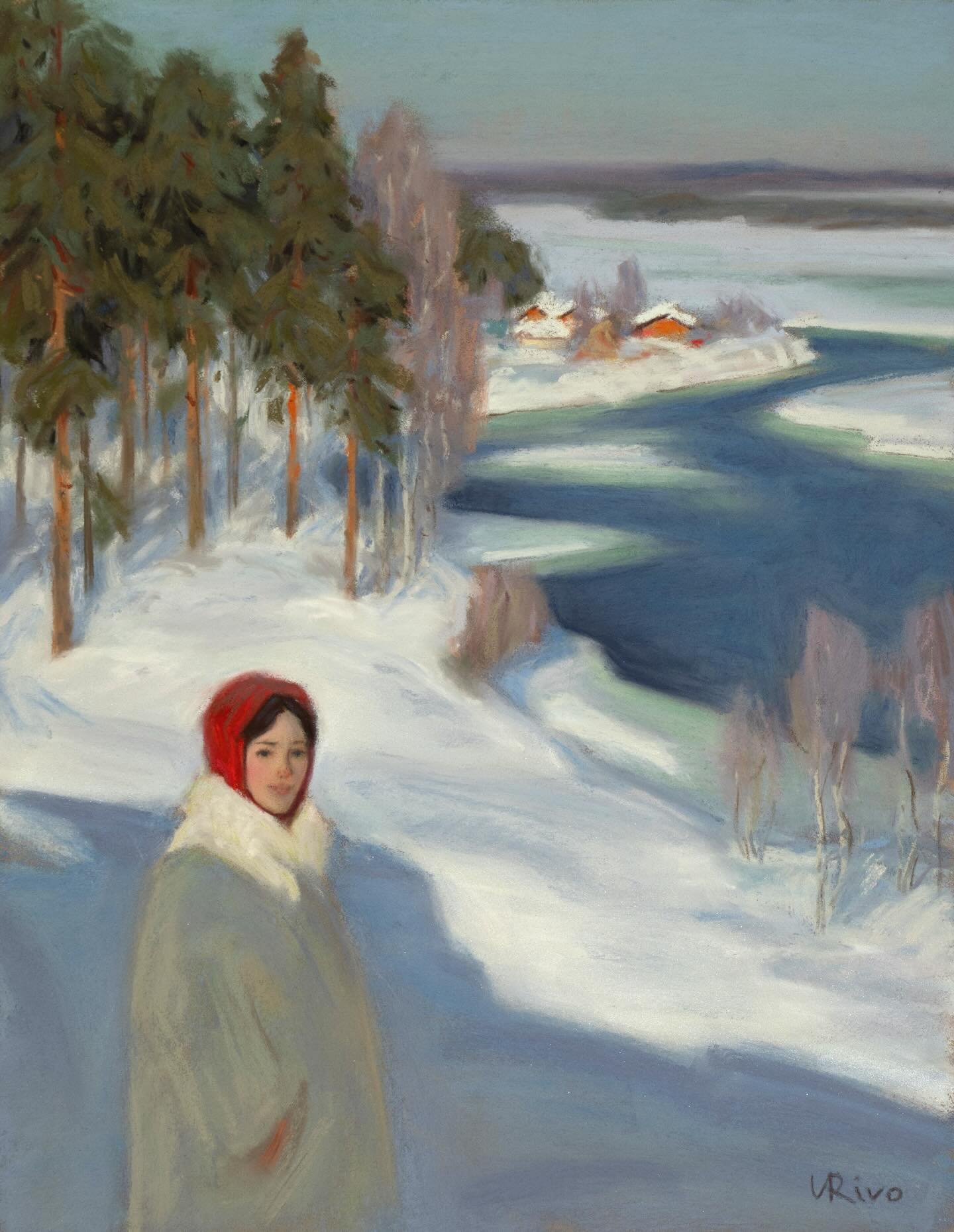 &ldquo;Above the Frozen River&rdquo; (Winter 25&ndash;26 No. 7), soft pastel on Canson Mi-Teintes Velvet paper, 9x12 inches. 

&mdash;&mdash;&mdash;&mdash;-
I work with soft pastels from a range of brands. Girault, Unison, and Henri Roche are my favo