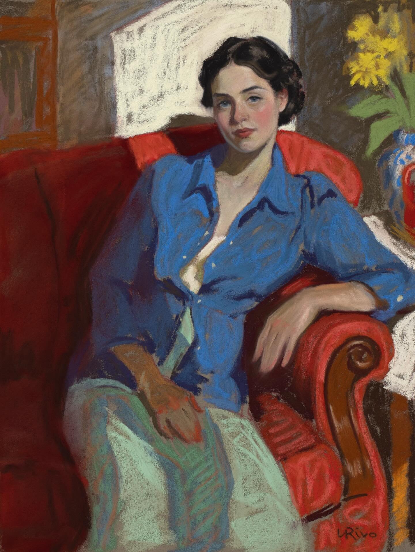 &ldquo;Woman on a red sofa&rdquo;, 10x12 in., soft pastel and pastel pencils on Canson Mi-Teintes Velvet paper.

&mdash;&mdash;&mdash;&mdash;-
I work with soft pastels from a range of brands. Girault, Unison, and Henri Roche are my favorites. I also 