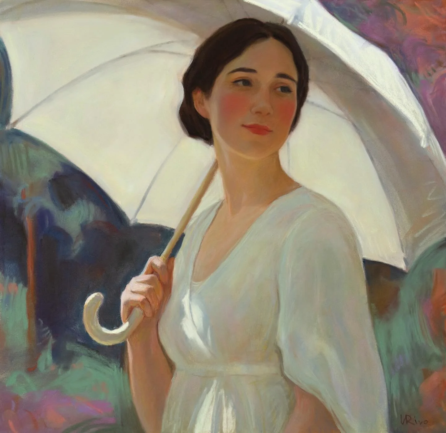 &ldquo;Woman with a white parasol&rdquo;, 17x17 inches, soft pastel, PanPastel and pastel pencils on Canson Velvet paper. With this soft pastel portrait, I decided to experiment with a slightly abstract background similar to those seen in some pastel