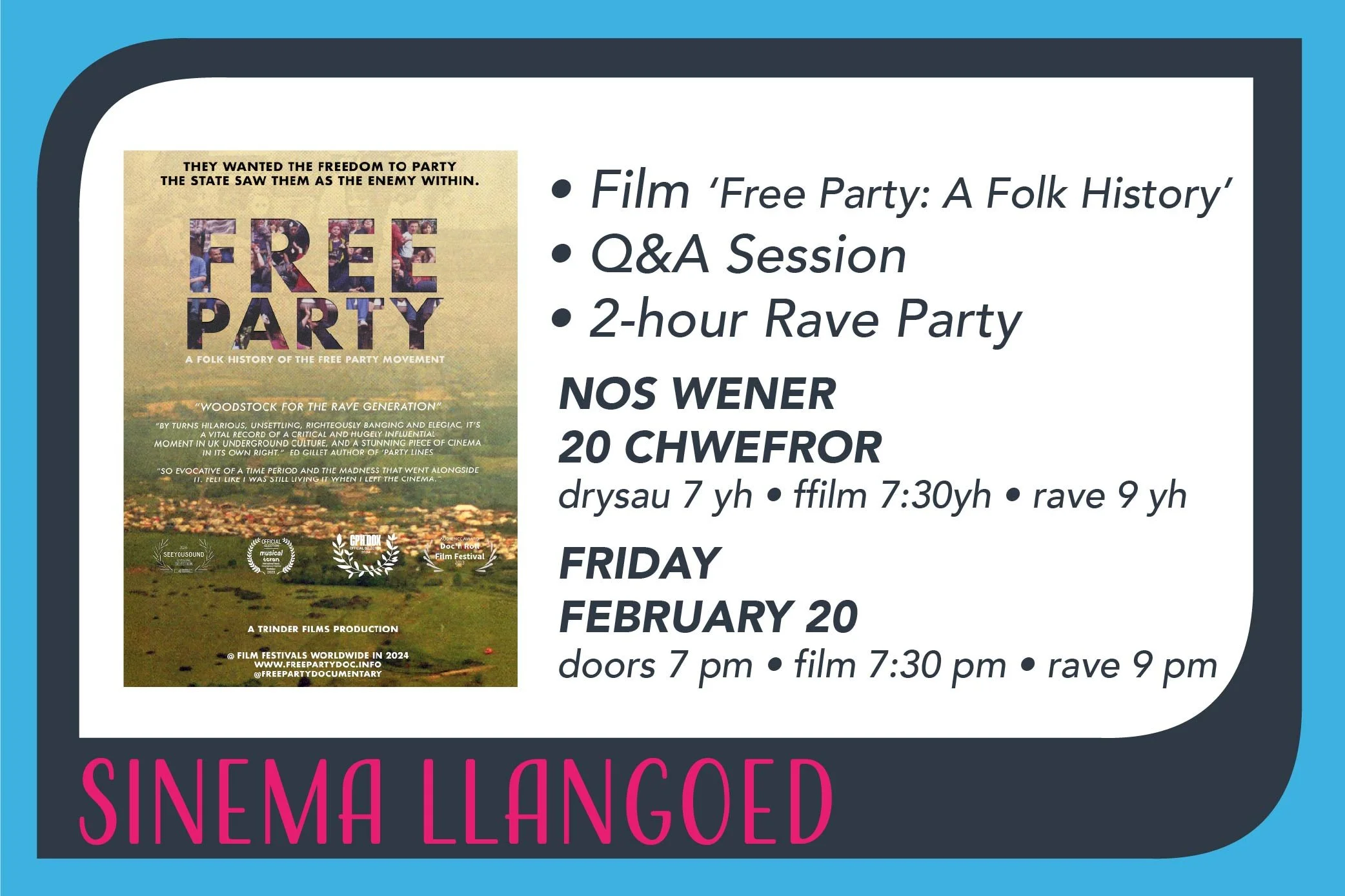 Ffilm 'Parti Am Ddim: Hanes Gwerin' + RAVE yn Sinema Llangoed