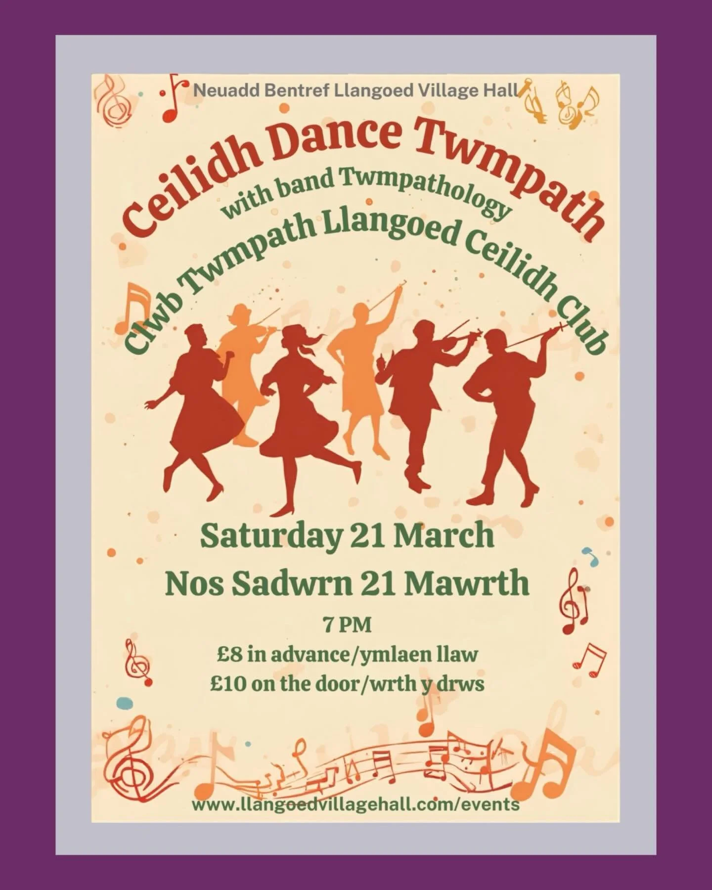 Clwb Twmpath Llangoed Ceilidh Club invites one and all for a dance night with band Twmpathology! @twmpathology 

Saturday 21 March, 2027
7:00 doors - 7:30 dance
Llangoed Village Hall
&pound;8.00 in advance online
&pound;10 at the door

All ages and e