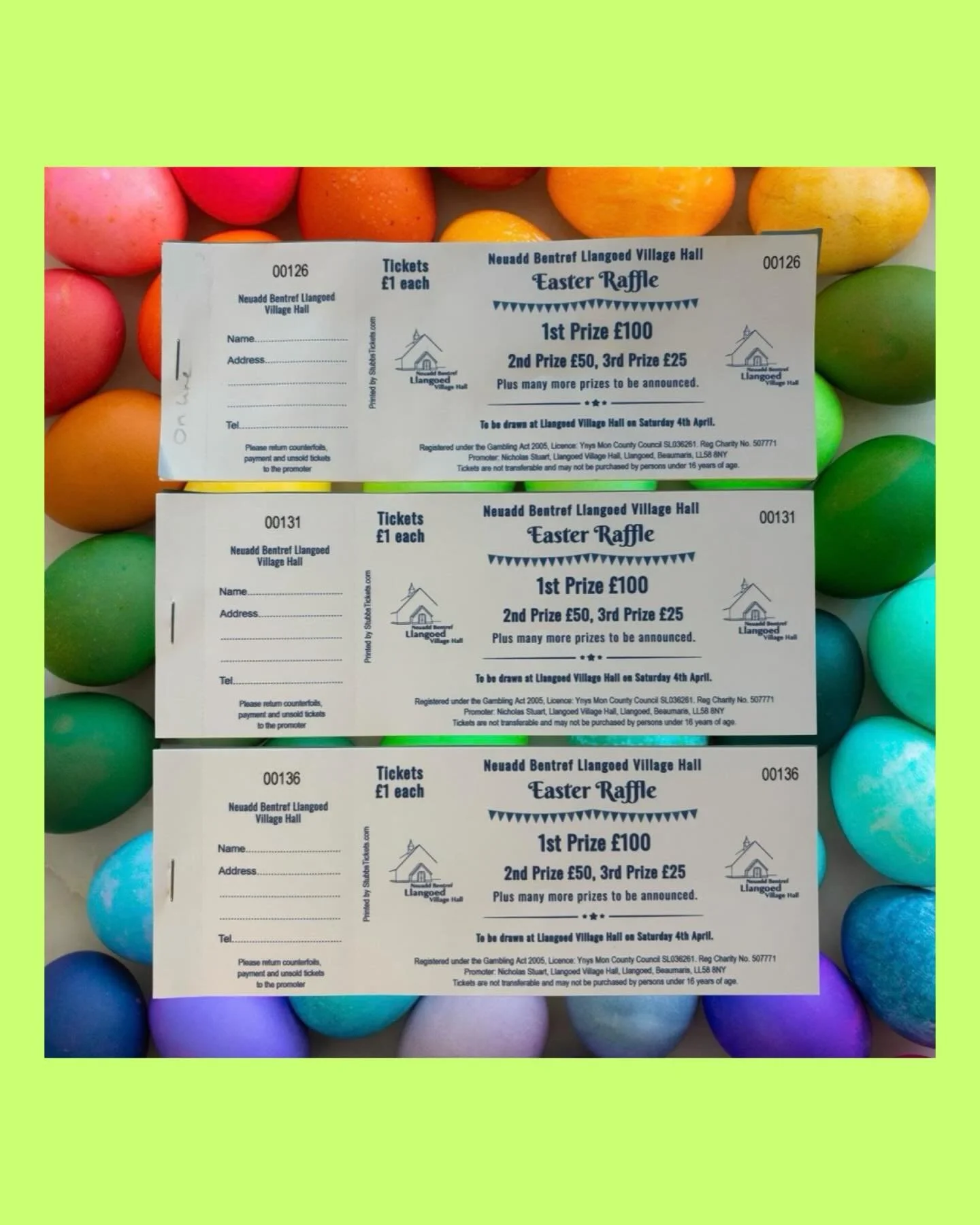 Easter Raffle Tickets! Support our Village Hall! 
Raffle Tickets are &pound;1 and sold in &pound;5 packs. 

To be drawn at Llangoed Village Hall on 4th of April, 2026 as part of our annual Easter Faire

1st Prize - &pound;100 2nd Prize - &pound;50 3r