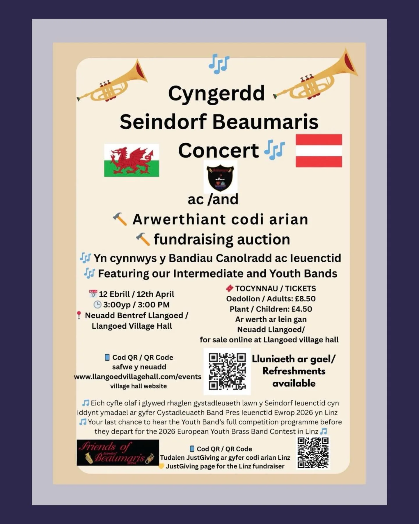 Ymunwch â ni am gyngerdd yn cynnwys Bandiau Canolradd ac Ieuenctid Seindorf. @beaumarisband Elw er budd codi arian ar gyfer Pencampwriaethau Bandiau Pres Ieuenctid Ewrop 2026 yn Linz! Eich cyfle olaf i glywed cystadleuaeth lawn y Band Ieuenctid.
