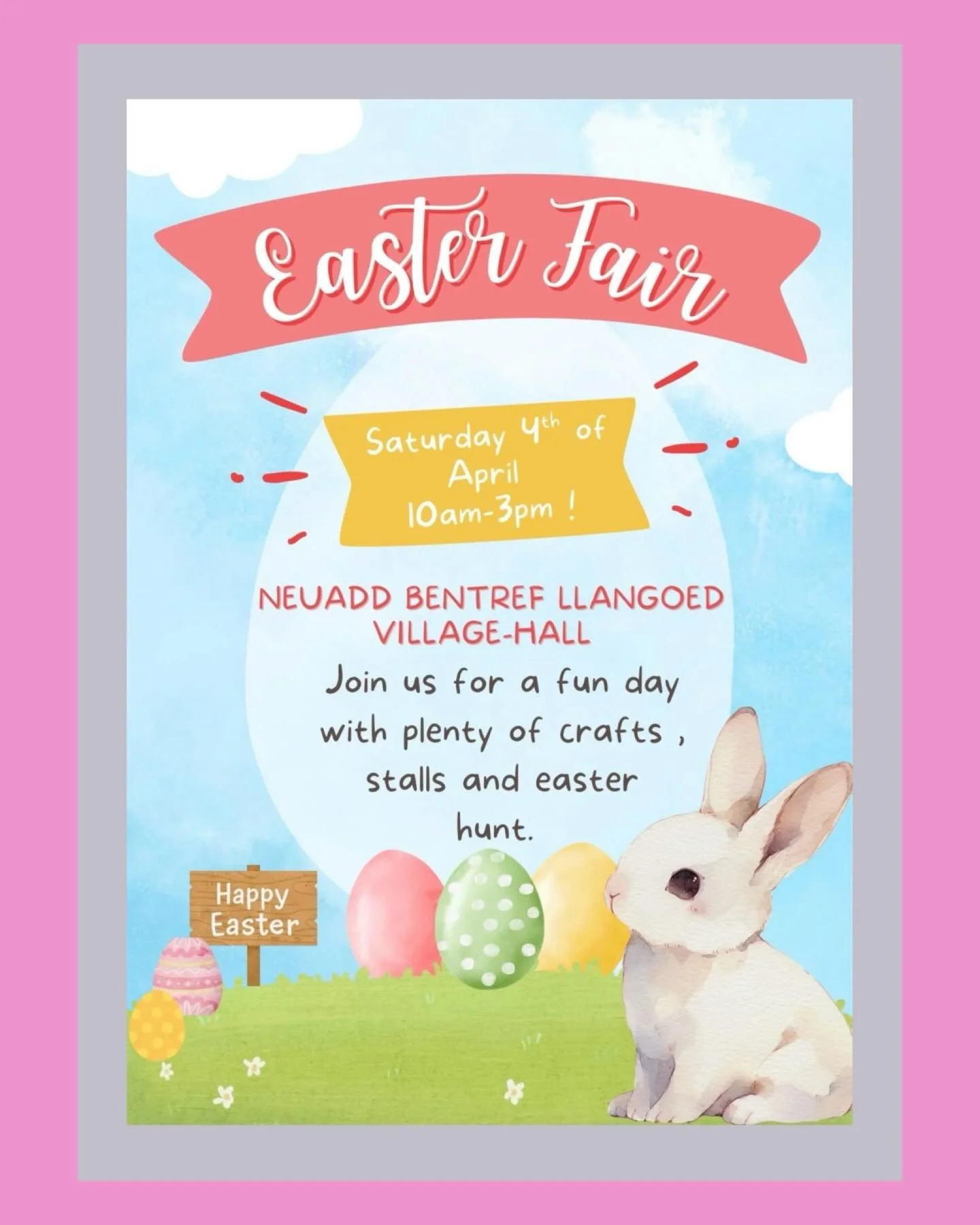 Come and join our Easter fair at Llangoed Village Hall. 

A full day full of spring-time fun with crafts, stalls and an easter egg hunt. 

Free Event
Easter Trail is &pound;2 per child which includes an egg hunt with goody bag at the end! 
. . .
Dewc