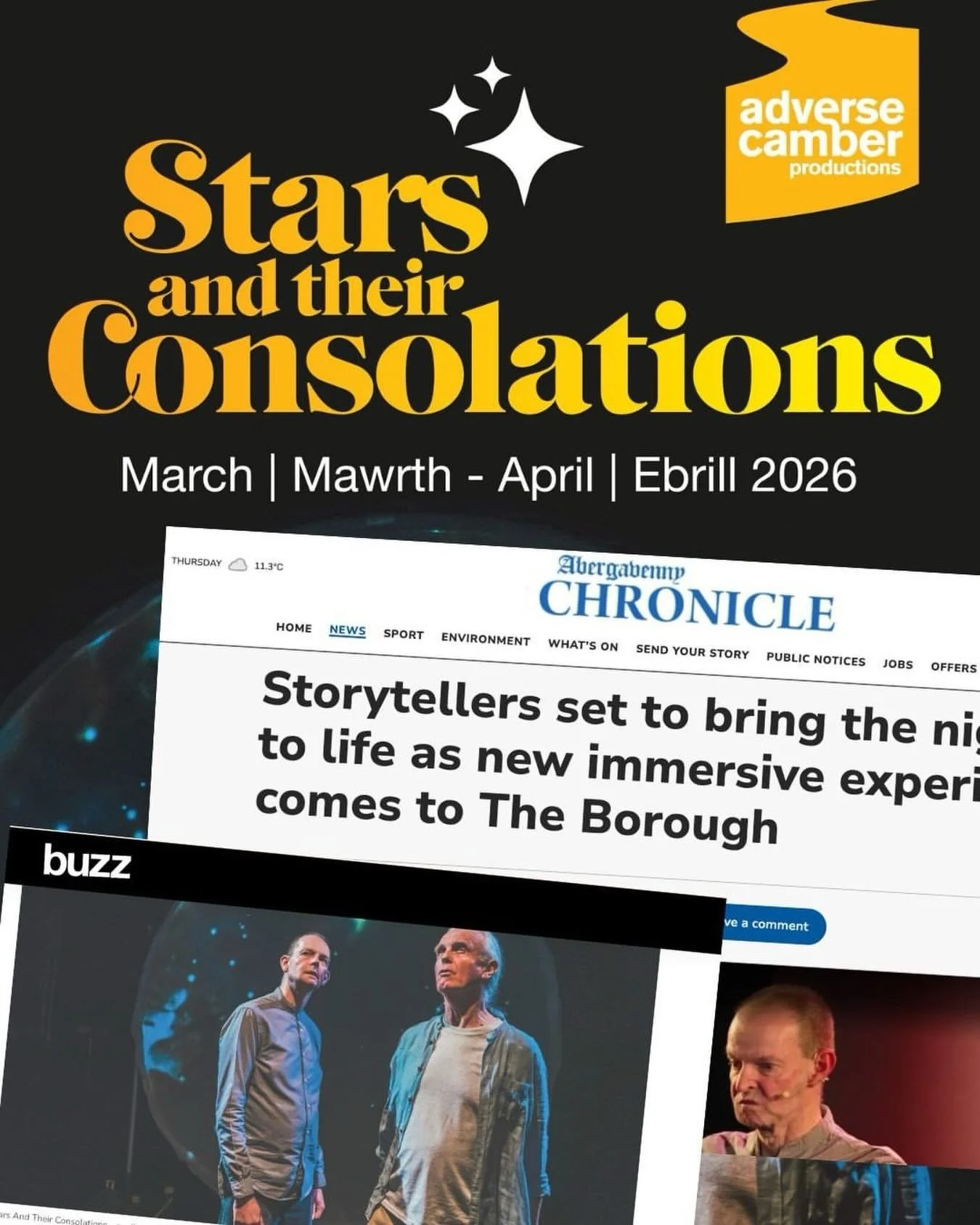 The last few weeks Daniel Morden  has been telling the local press about Stars and Consolations ✨ 

The production has been featured in @buzzmagwales Abergavenny Chronicle @the_edit_wales and as part of Storytelling Day on BBC Radio Wales 

We are so