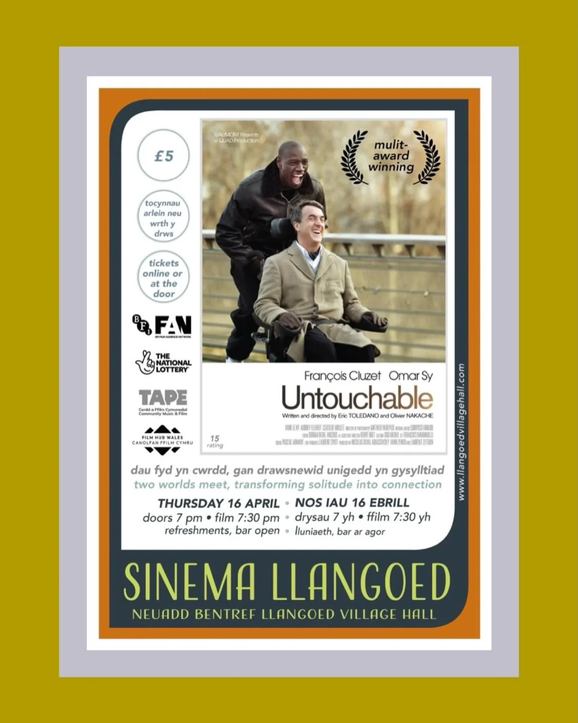 Join us for &lsquo;Untouchable&rsquo; a French film that follows an unlikely friendship between a wealthy quadriplegic aristocrat and his carefree ex-con caregiver. 

Thursday 16 April, 2026
doors 7:00pm
film 7:30pm
&pound;5 online or at the door
www