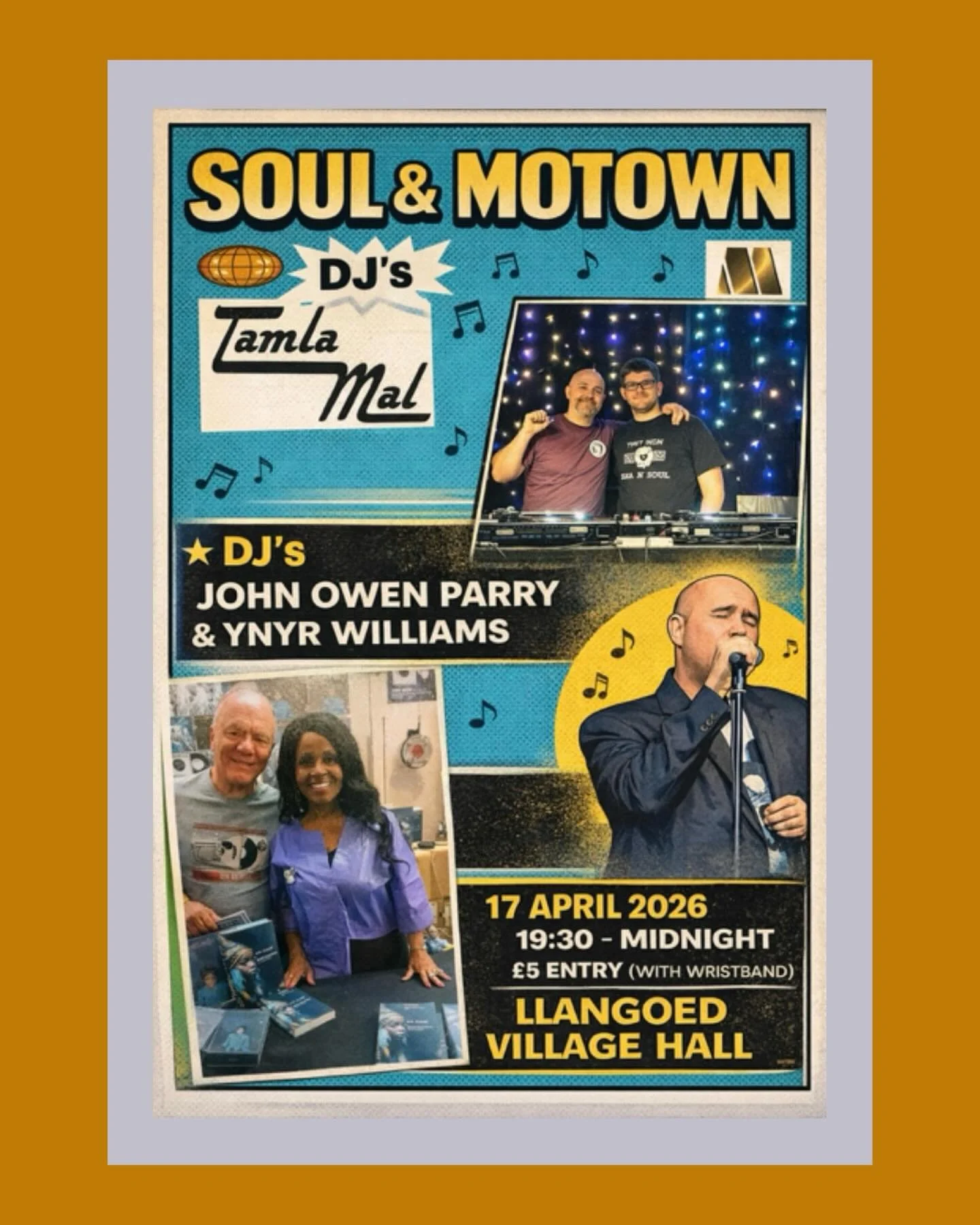 Join us for a night of Soul and Motown music.
Bar Open!
Friday 17 April
19:30 - midnight

At Llangoed Village Hall with Kerbside Creations on had for food!

- Tamla Mal - DJ
- Ynyr Willimans - DJ
- John Owen Parry - DJ

&pound;5 entry at the door
. .