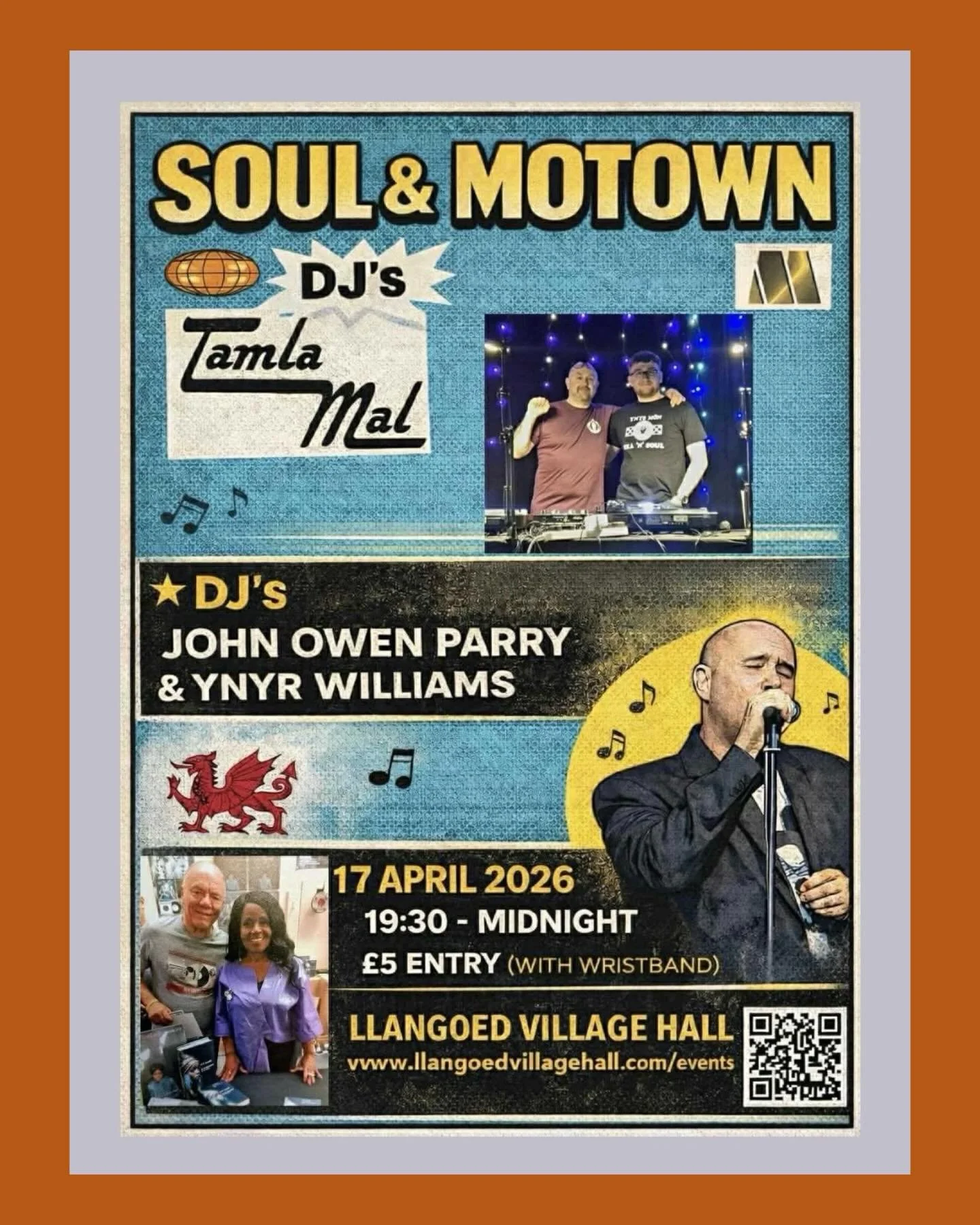 Join us for a night of Soul and Motown music.
Bar Open!
Friday 17 April
19:30 - midnight

At Llangoed Village Hall with Kerbside Creations on had for food!

- Tamla Mal - DJ
- Ynyr Willimans - DJ
- John Owen Parry - DJ

Book online or &pound;5 entry 