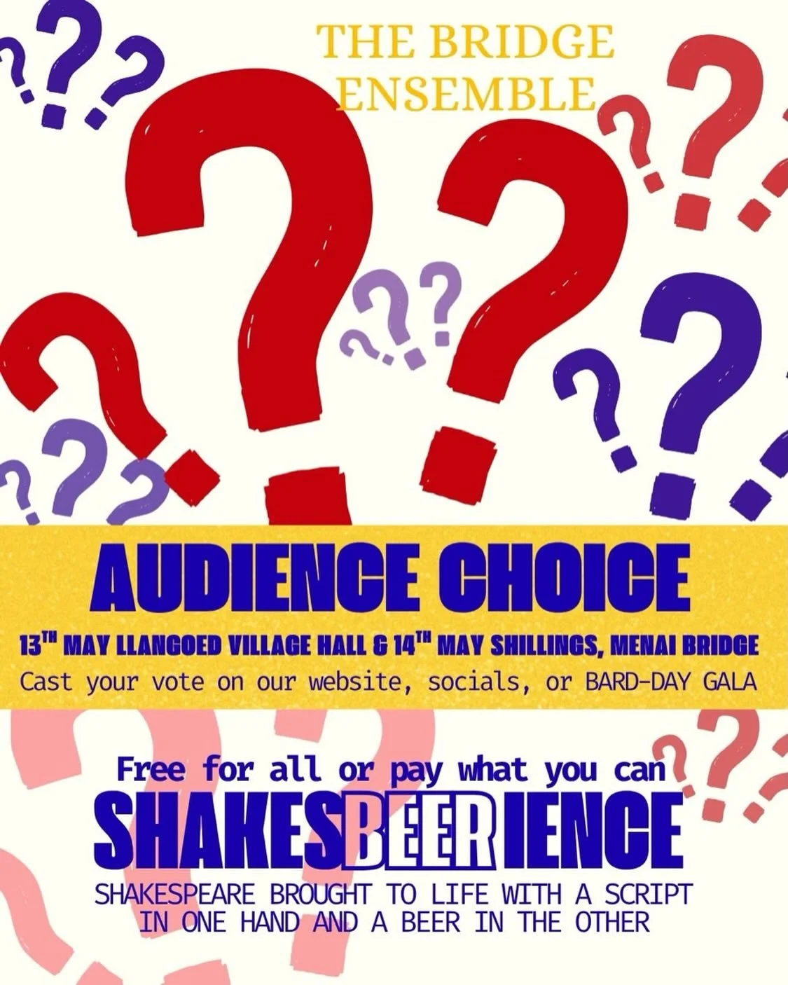 Vote for May&rsquo;s ShakesBEERience play at @llangoedvillagehall&hellip; it&rsquo;s your choice! @thebridgeensemble 
To be performed on 13th May! 
Voting link in bio. 

Winner announced at Bard-Day Gala on 25th April in Thomas Telford Community Cent