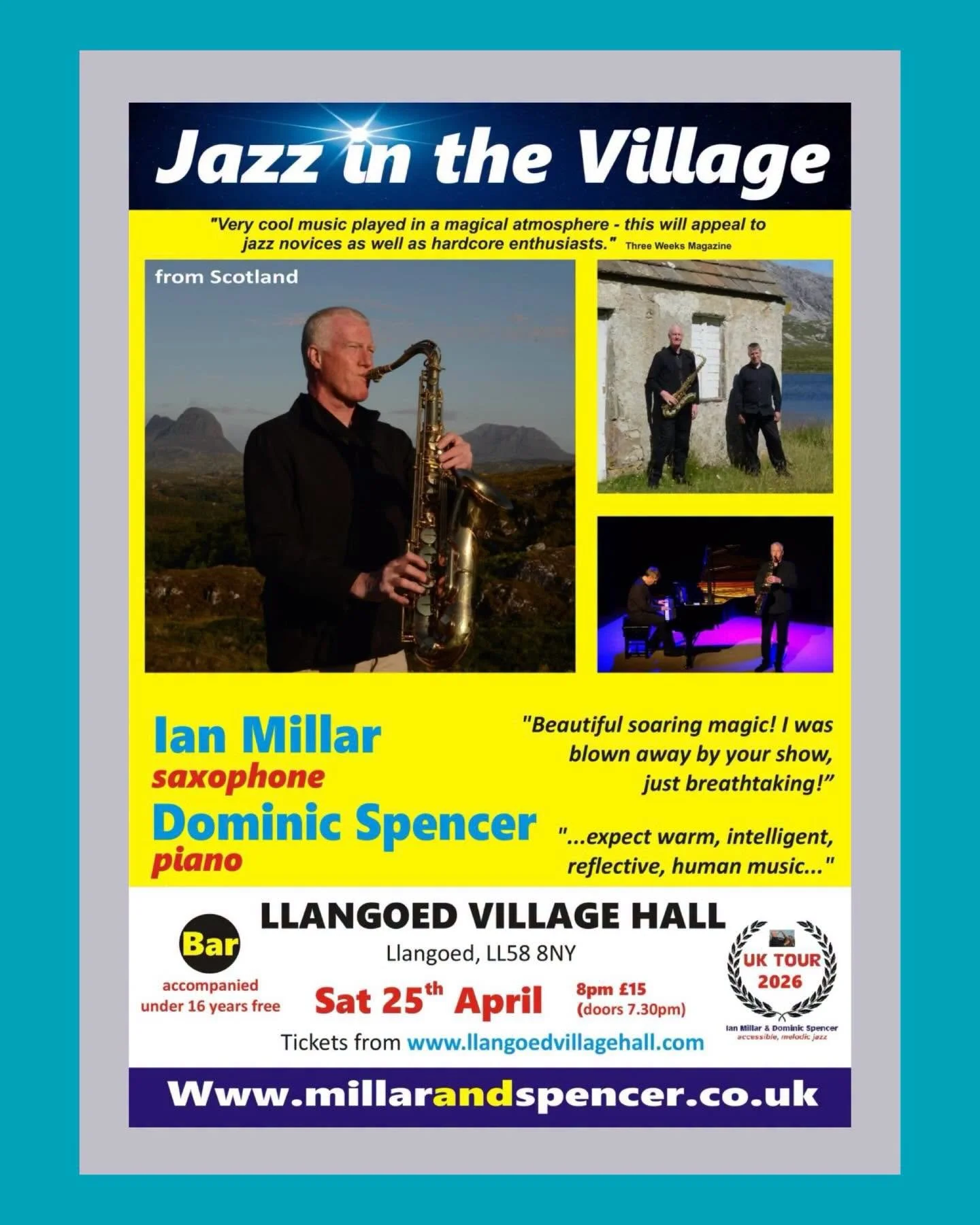 Ian Millar &amp; Dominic Spencer
saxophone &amp; piano duo from Scotland
@ianmillarjazz 

Ian and Dominic are unique in the UK Jazz community taking their blend of melodic jazz standards and original compositions to rural communities all over the UK.
