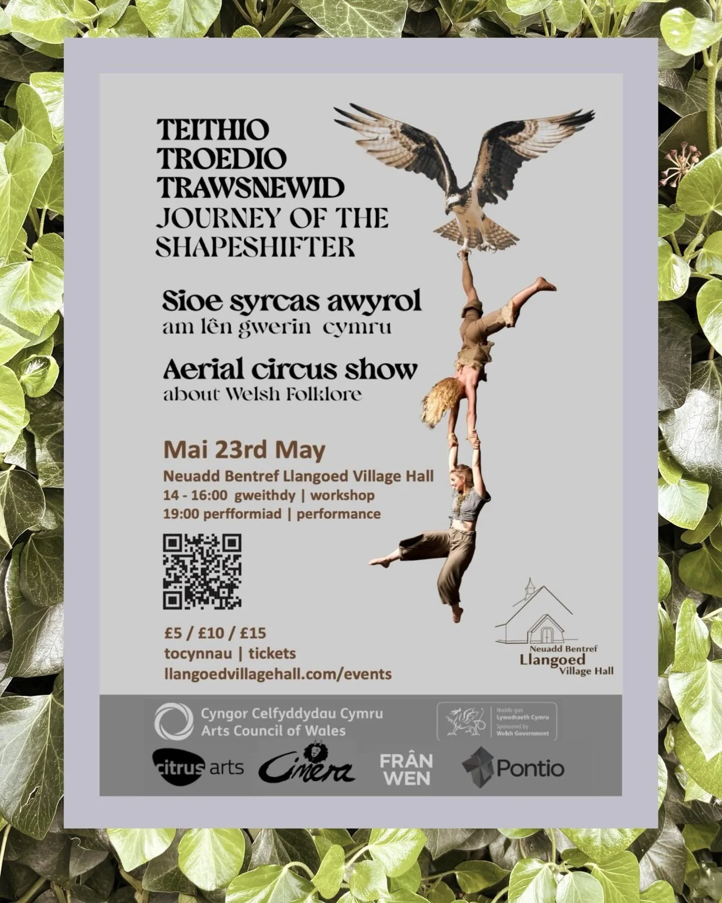 An aerial circus and theatre show show about Welsh Folklore, with live folk music.
plus a workshop opportunity - learn several aerial circus skills yourself!

Saturday 23rd May, 2026
workshop 14:00 - 16:00
doors at 19:00, show starts 19:30

performan