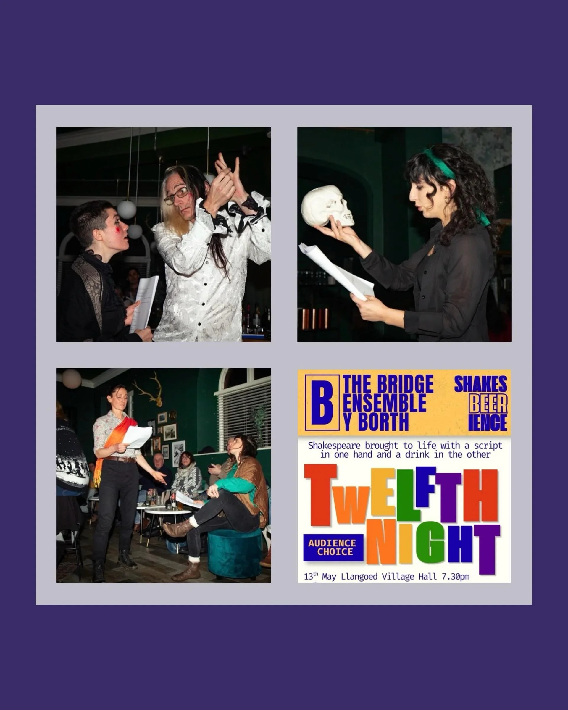 Next week! Our very own ShapesBEERience at Llangoed Village Hall. Shakespeare brought to life with a script in one hand and a drink in the other. 
The Bridge Ensemble! 

13 May, 2026
19:00 doors 19:30 the play!
By audience choice, we will experience&