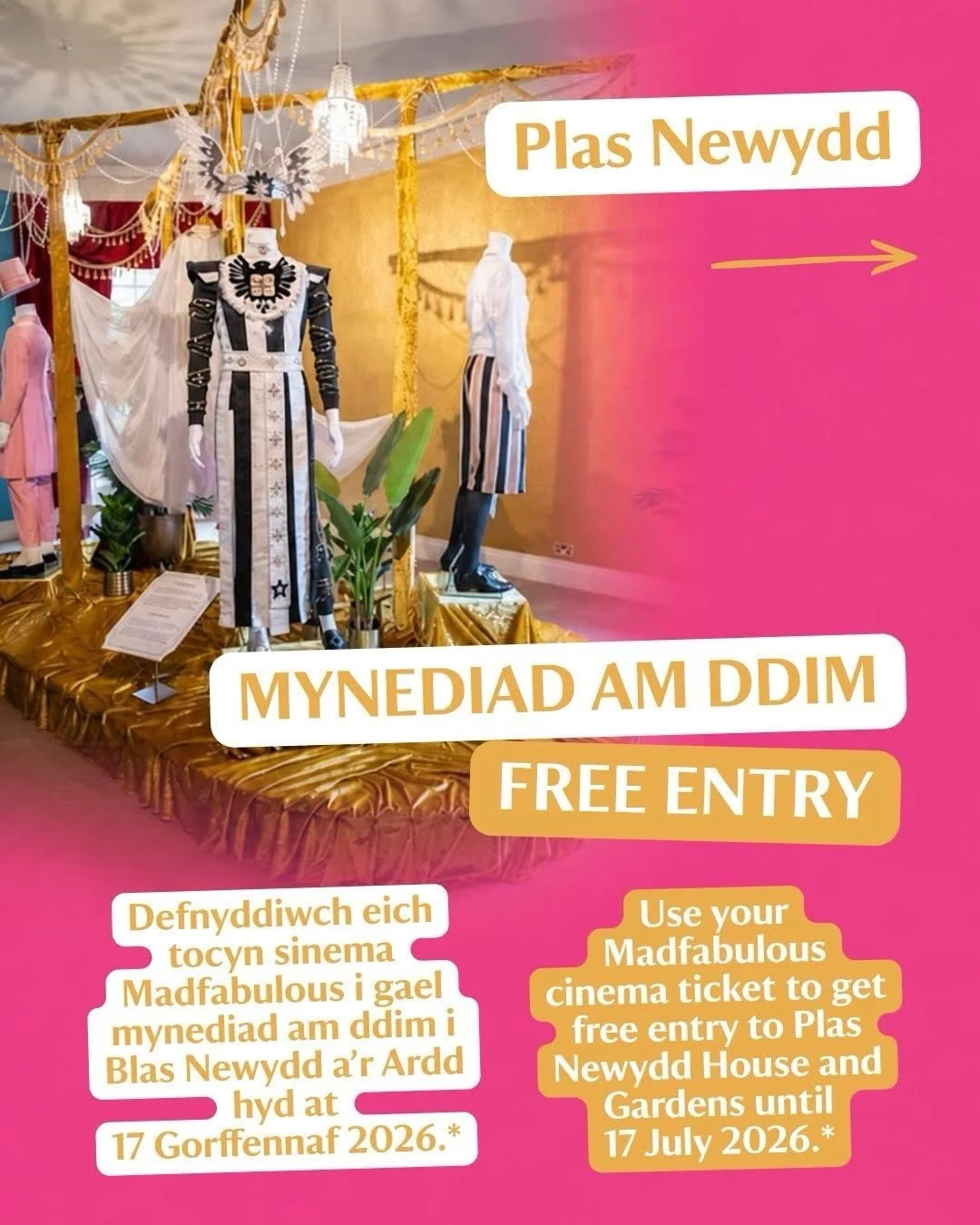 Mynediad am ddim i Blas Newydd gyda phob tocyn sinema Madfabulous !
Free entry to Plas Newydd with every Madfabulous cinema 

Diolch i National Trust Cymru, rydym yn falch o gynnig mynediad am ddim i Plas Newydd NT/YG, cartref teuluol y 5ed Ardalydd 