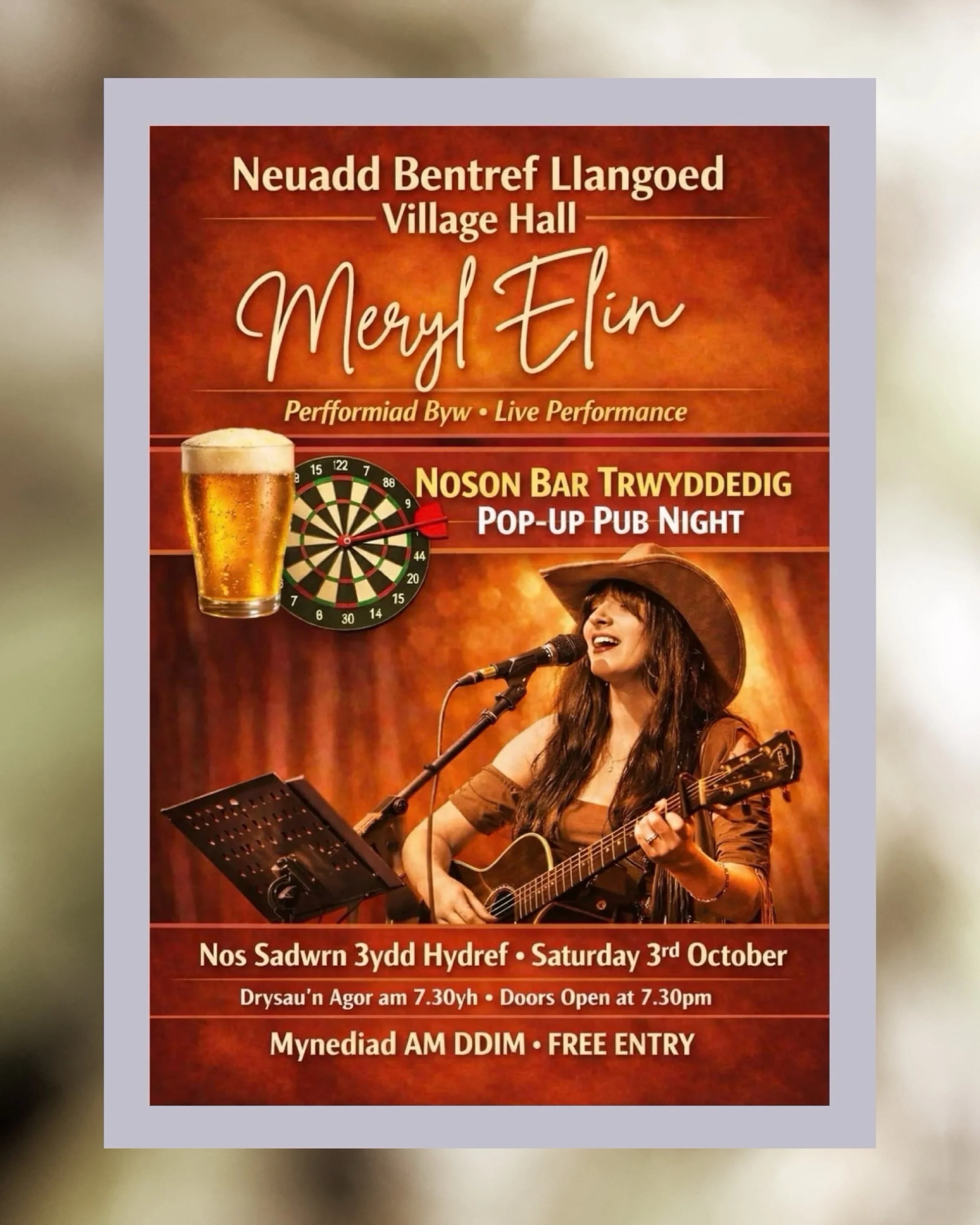 🍻 The Pop-up Pub is back &mdash; this time with live music from Meryl Elin!

North Wales singer-songwriter Meryl Elin brings her distinctive country sound to Llangoed, singing in both Welsh and English and combining contemporary country influences w