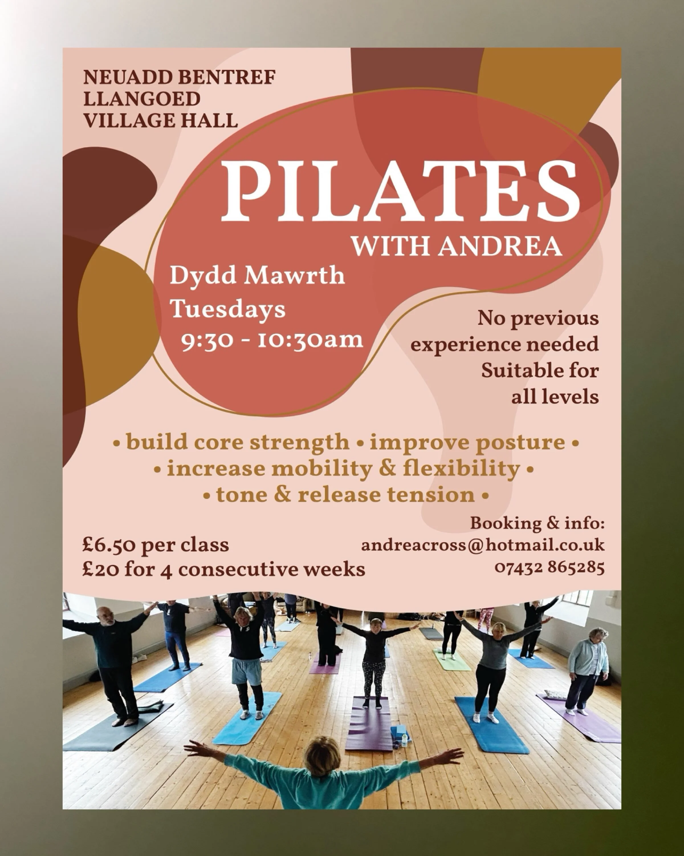 A new block of Pilates is starting at Llangoed Village Hall! 🧘
Join Andrea for a friendly weekly class suitable for all levels &mdash; no previous Pilates experience needed.

📅 Tuesdays | 9:30&ndash;10:30am 
▶️ New October block starts Tuesday 6 Oc