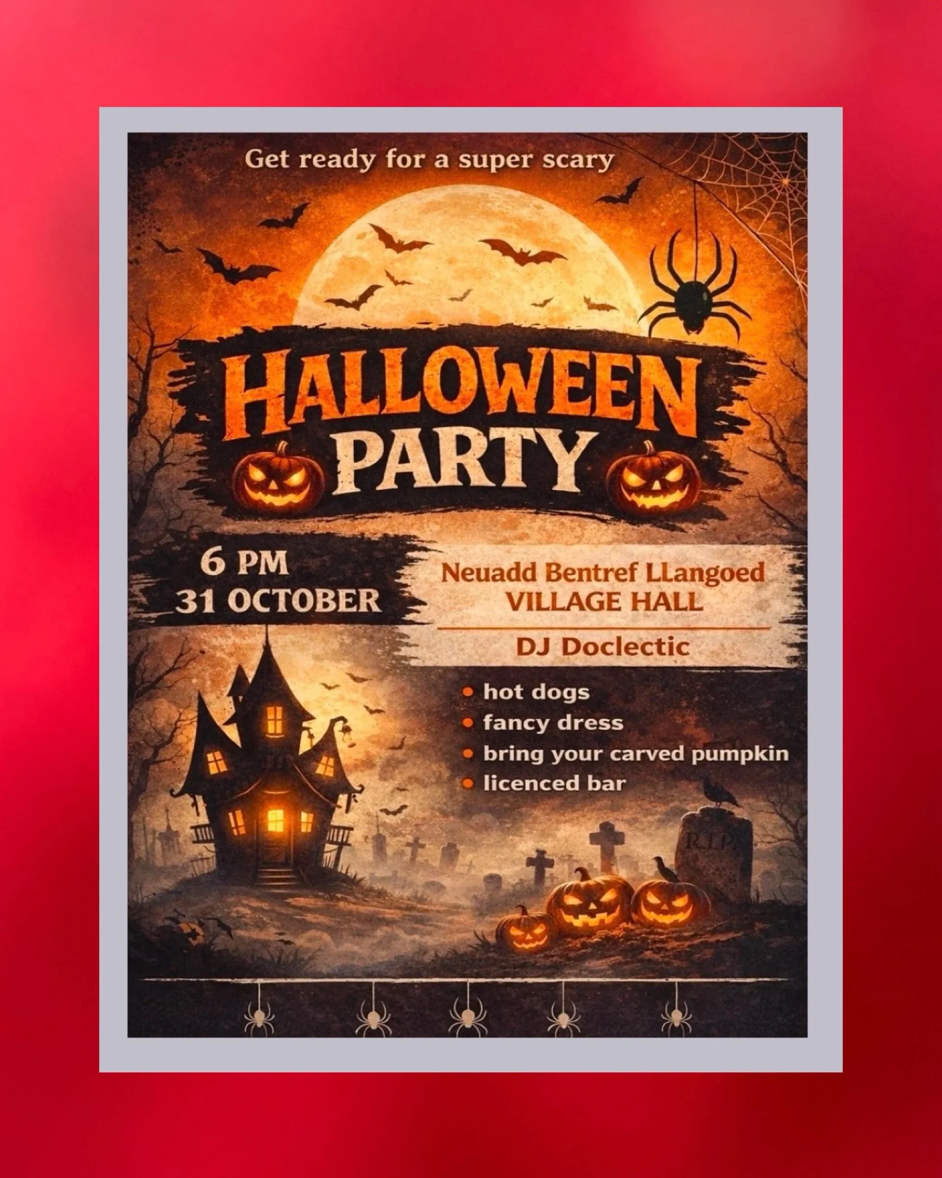 Our Halloween Party is back! 🎃🦇 Join us for the famous Llangoed Village Hall Halloween Party &mdash; music, games, fancy dress for children and adults, and plenty of Halloween fun!

Bring along your carved pumpkin, dress for the occasion and enjoy 