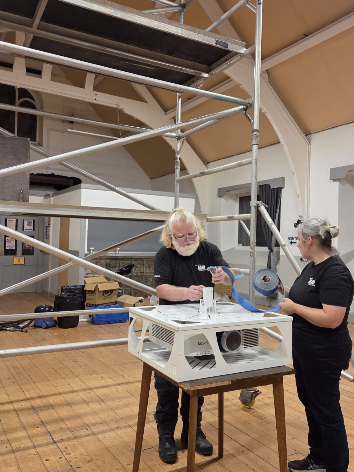 Big improvements at Sinema Llangoed! 🎬 Last week, our cinema projector was permanently installed in the ceiling, freeing up valuable floor space for more flexible seating, improving accessibility for our audiences and creating a safer cinema environ
