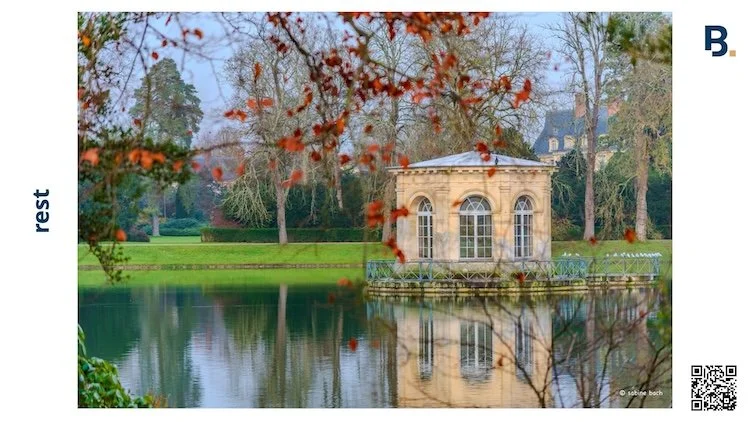Rest in a pavilion on a calm pond on a misty autumn morning