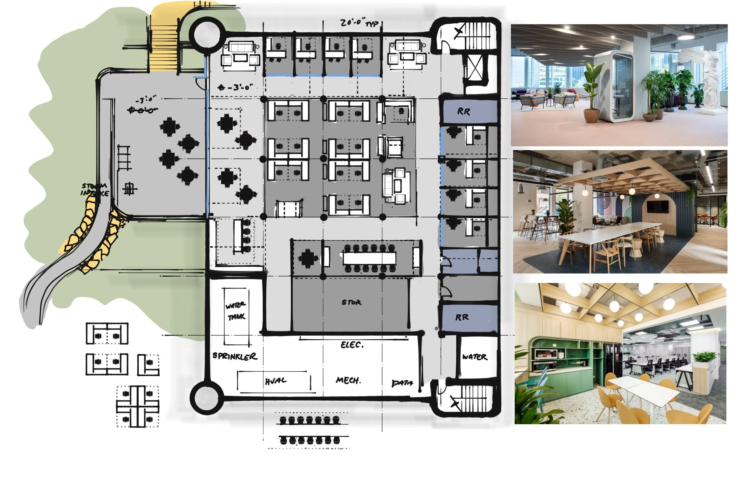 Floor plan of an office space alongside three interior design photos, showcasing modern, well-lit work and meeting areas with greenery and contemporary furniture.