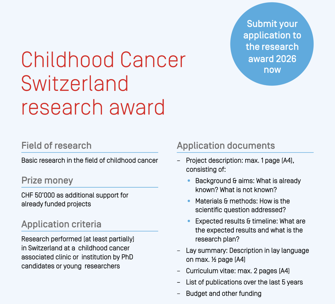 Call for applications for the 2026 Childhood Cancer Switzerland Research Award&nbsp;
