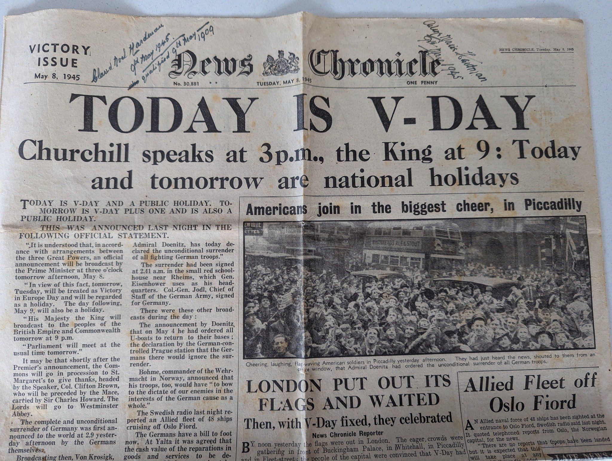VE day celebrations in the UK are in full swing, so I got out a family heirloom this morning - a copy of the News Chronicle from May 8th 1945, the day WWII officially ended in Europe. It belonged to my relative, Nita Bineham (nee Hardman), who was a 