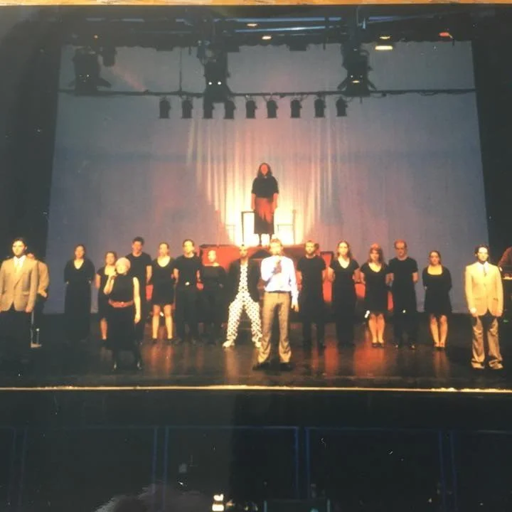 This terrible photo of an old photo popped up in my FB memories today. That's me, standing up at the very back. This was a uni production of Chess, and I played the Russian's wife, one of the two women who sing I Know Him So Well.
In three months I'l