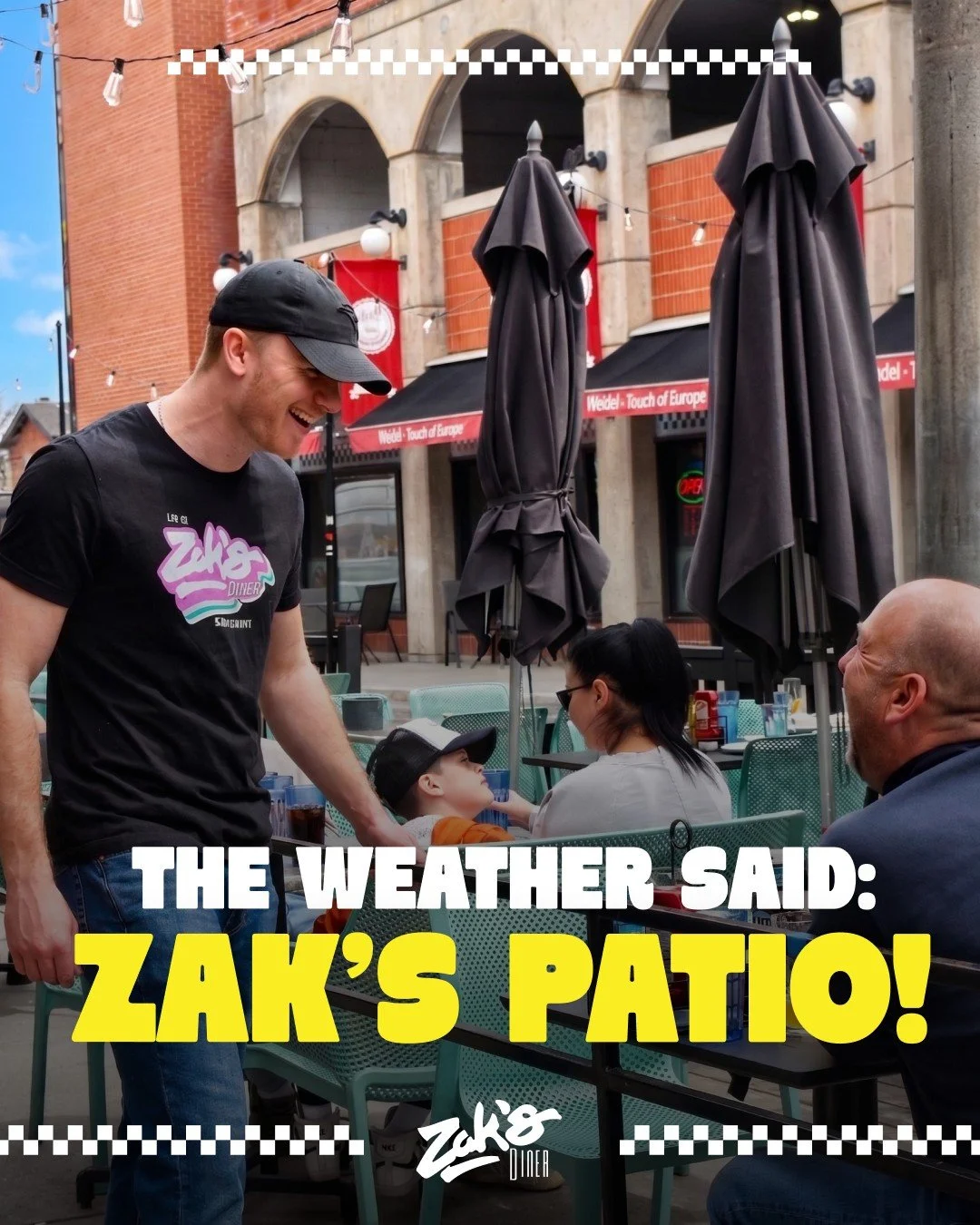 The weather said Zak&rsquo;s patio. ☀️🥤

Sunny out? That feels like breakfast outside.

Warm evening? Fries and a milkshake.

Random craving in the middle of the day? Still patio weather if you ask us.
Some days just need a Zak&rsquo;s seat in the s