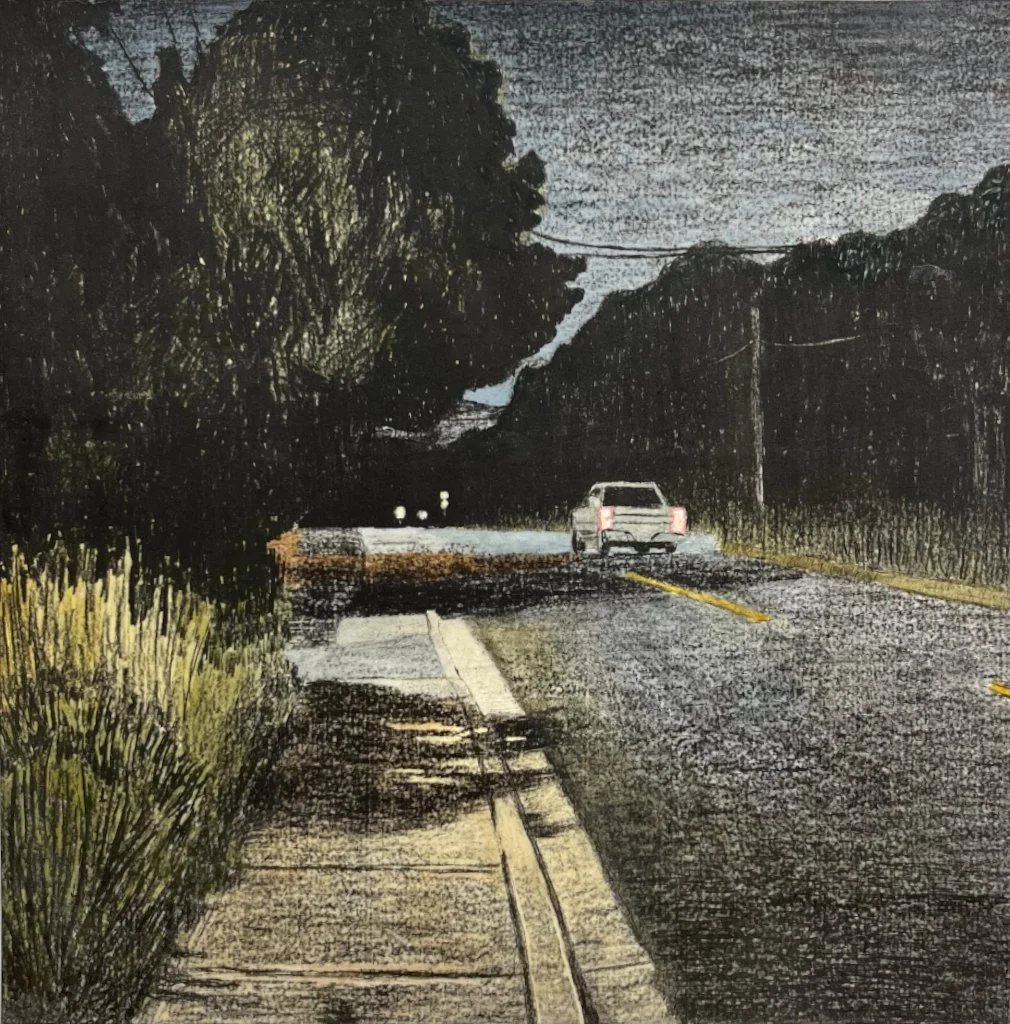 Eastward (2023), 30cm x 30cm, Plate Lithograph and Hand Colouring